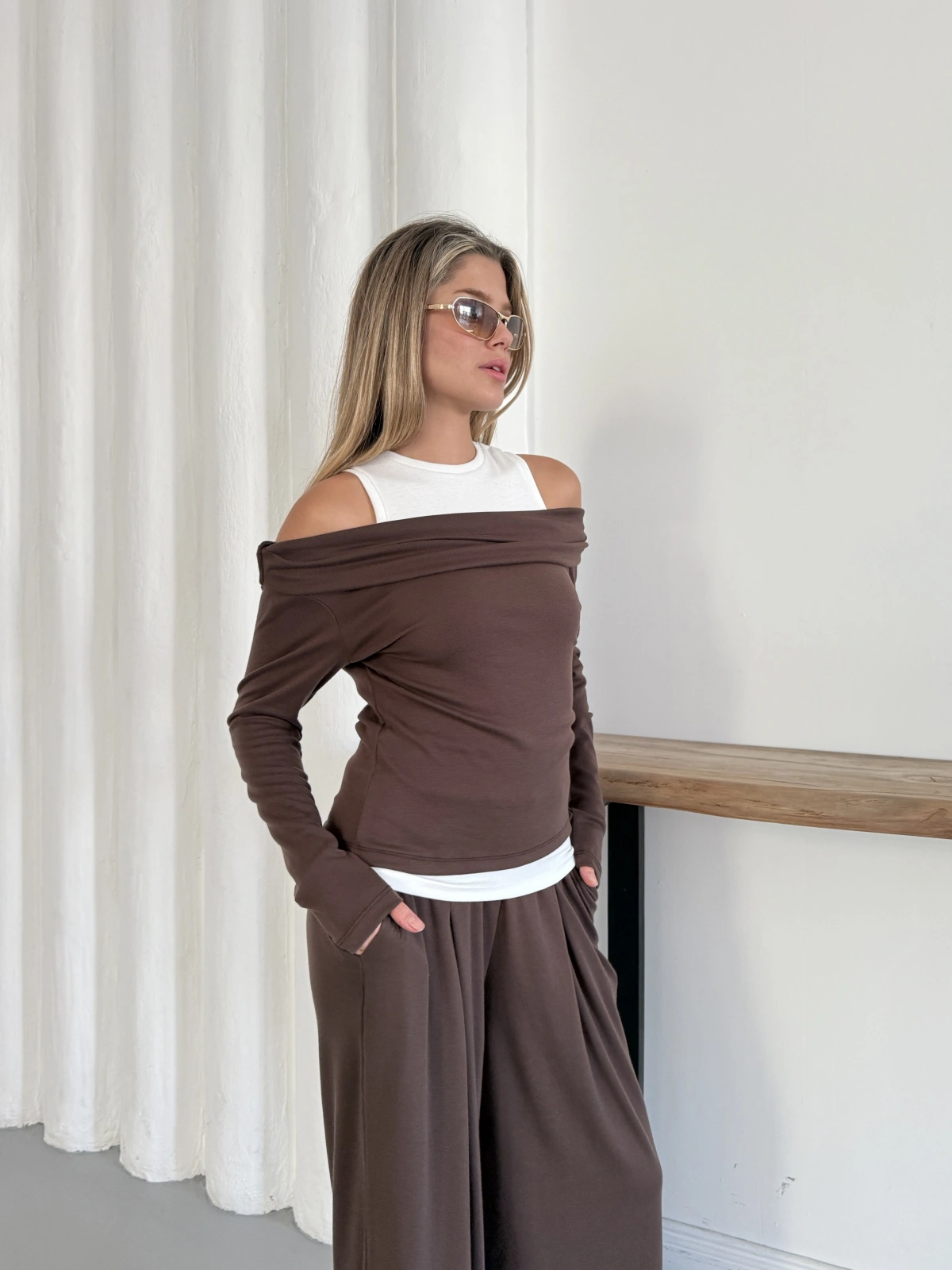 Atlet Detay Modal Bluz-Pantolon Takım Kahve