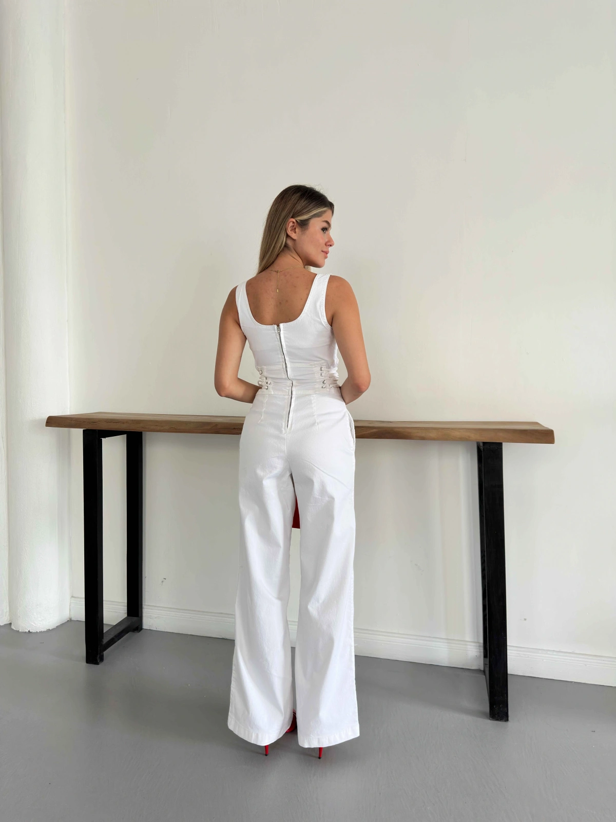 Bağlama Detaylı Denim Tulum Beyaz