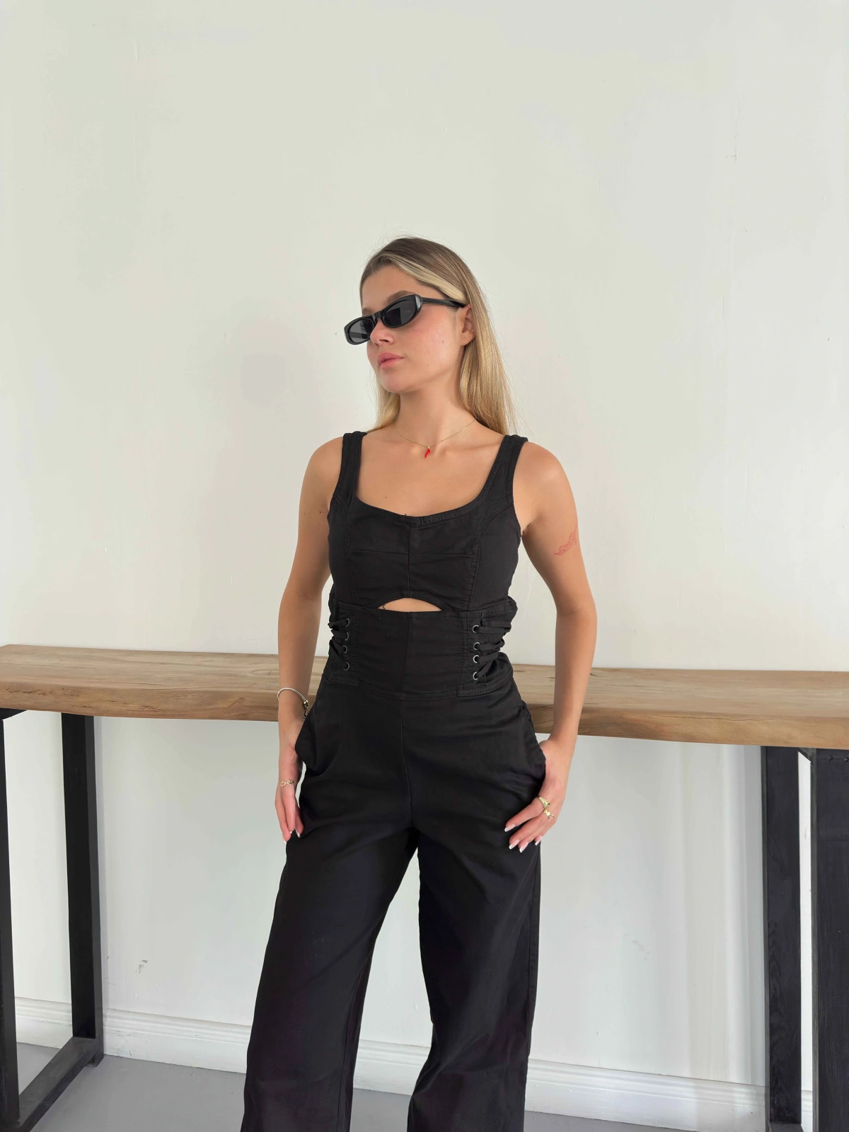 Bağlama Detaylı Denim Tulum Siyah