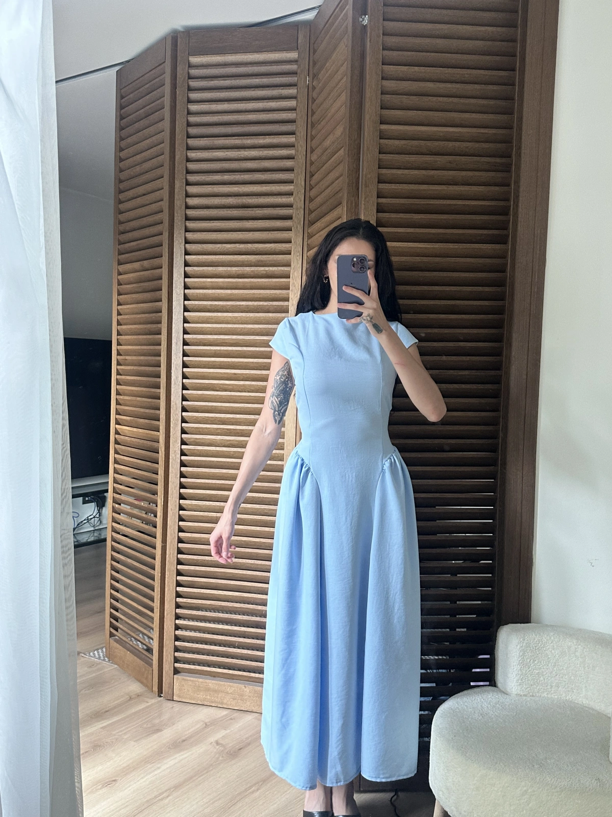 Bel Büzgü Detaylı Maxi Elbise Mavi