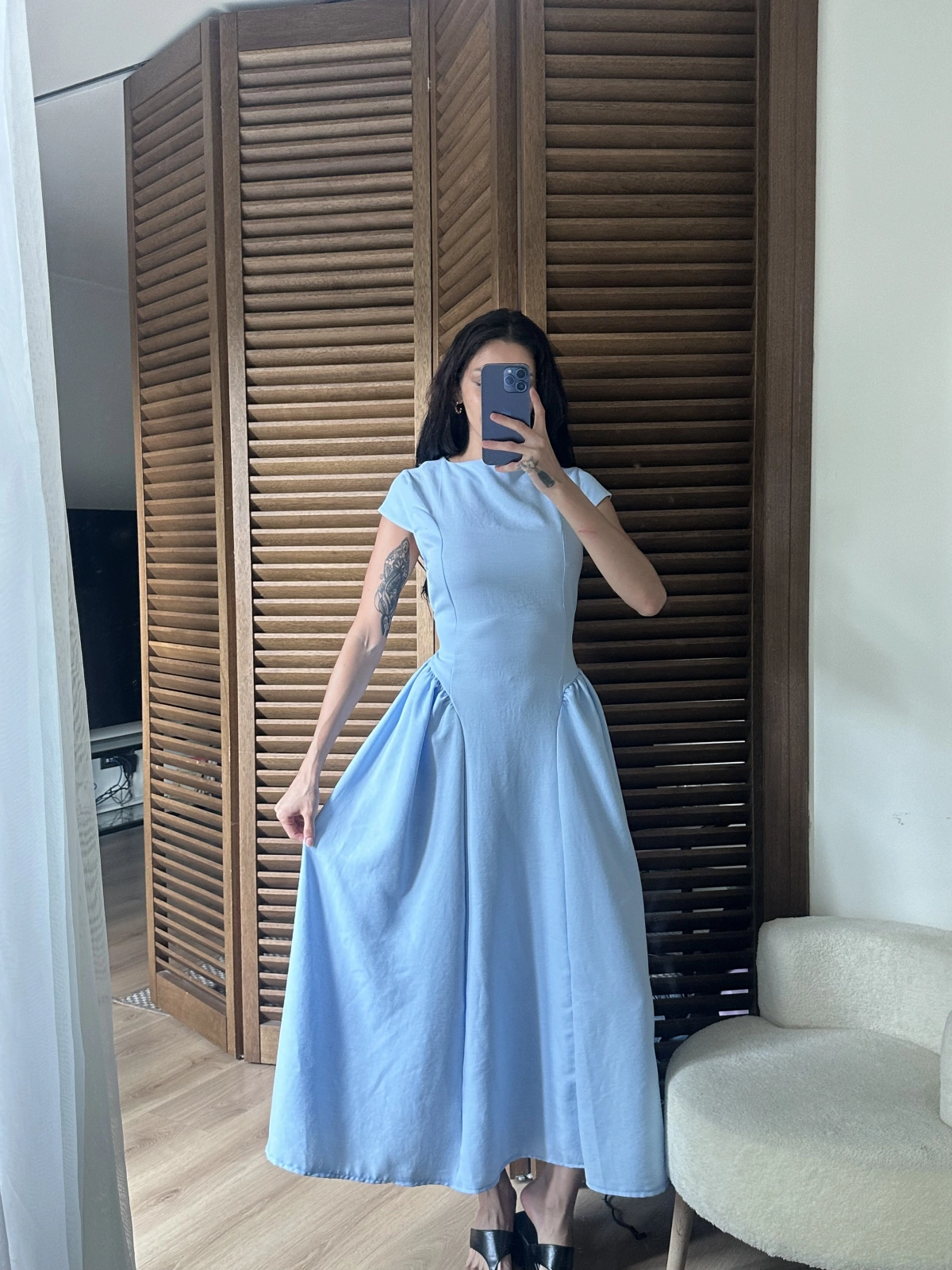 Bel Büzgü Detaylı Maxi Elbise Mavi