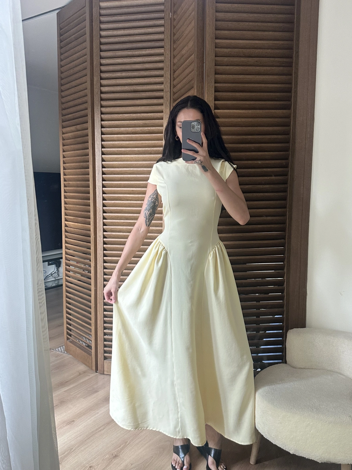 Bel Büzgü Detaylı Maxi Elbise Sarı