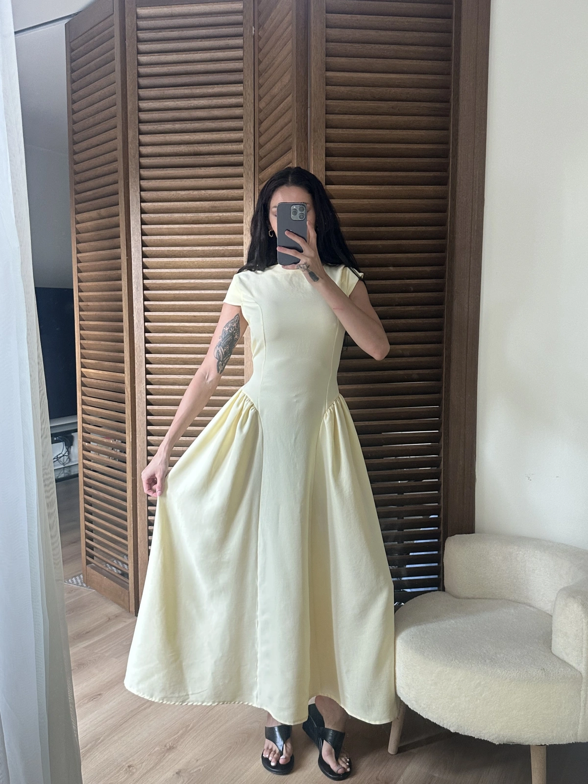 Bel Büzgü Detaylı Maxi Elbise Sarı