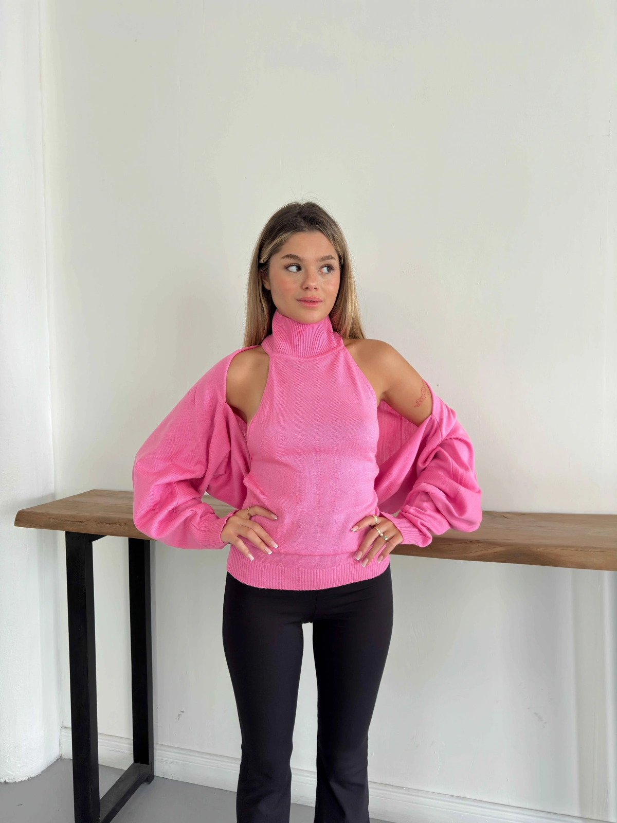 Bolero Detaylı Triko İkili Takım Pembe