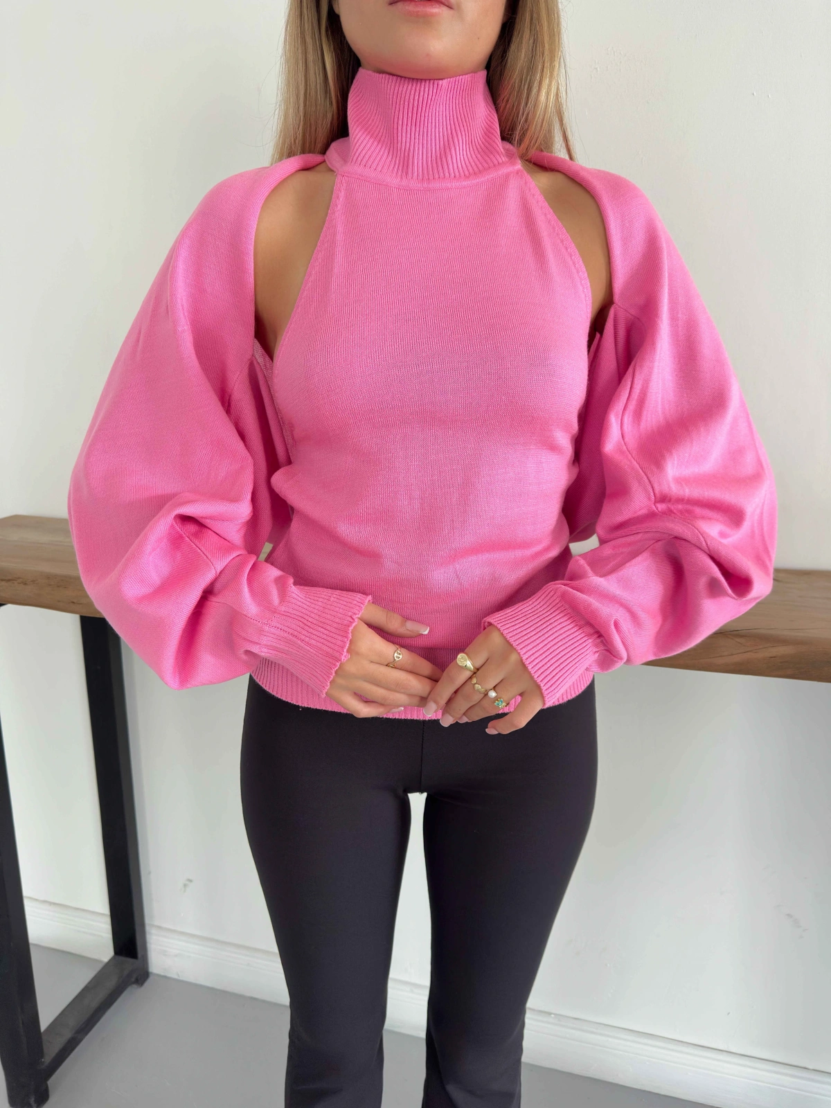 Bolero Detaylı Triko İkili Takım Pembe