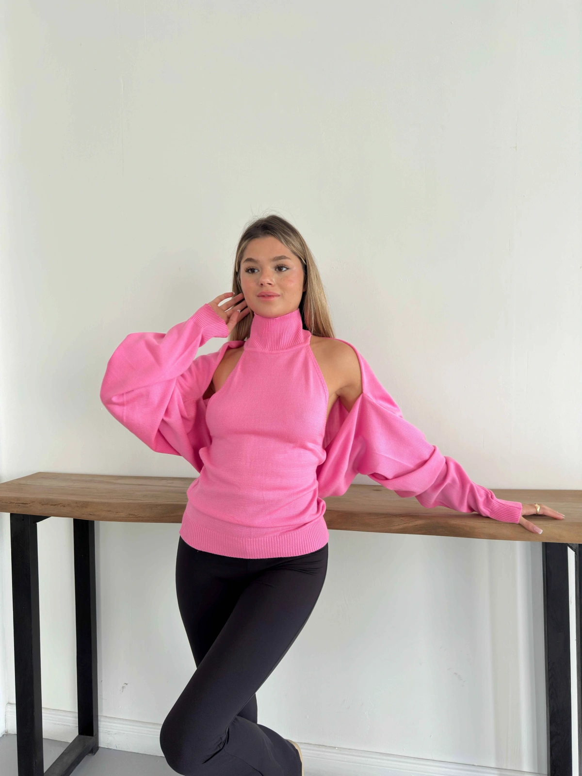 Bolero Detaylı Triko İkili Takım Pembe