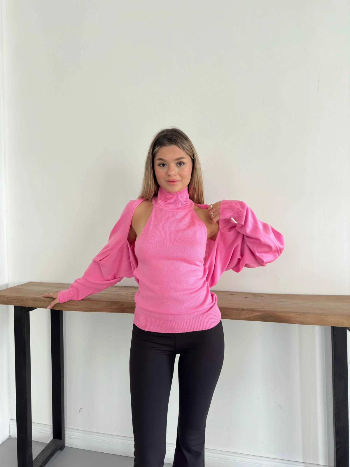 Bolero Detaylı Triko İkili Takım Pembe