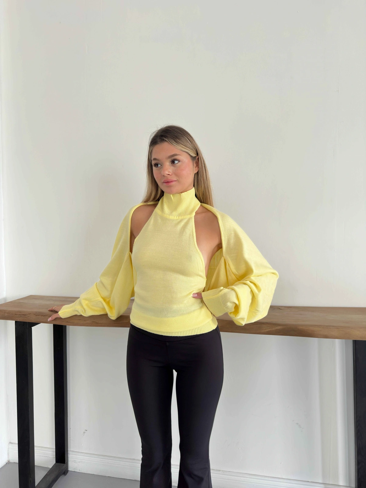 Bolero Detaylı Triko İkili Takım Sarı