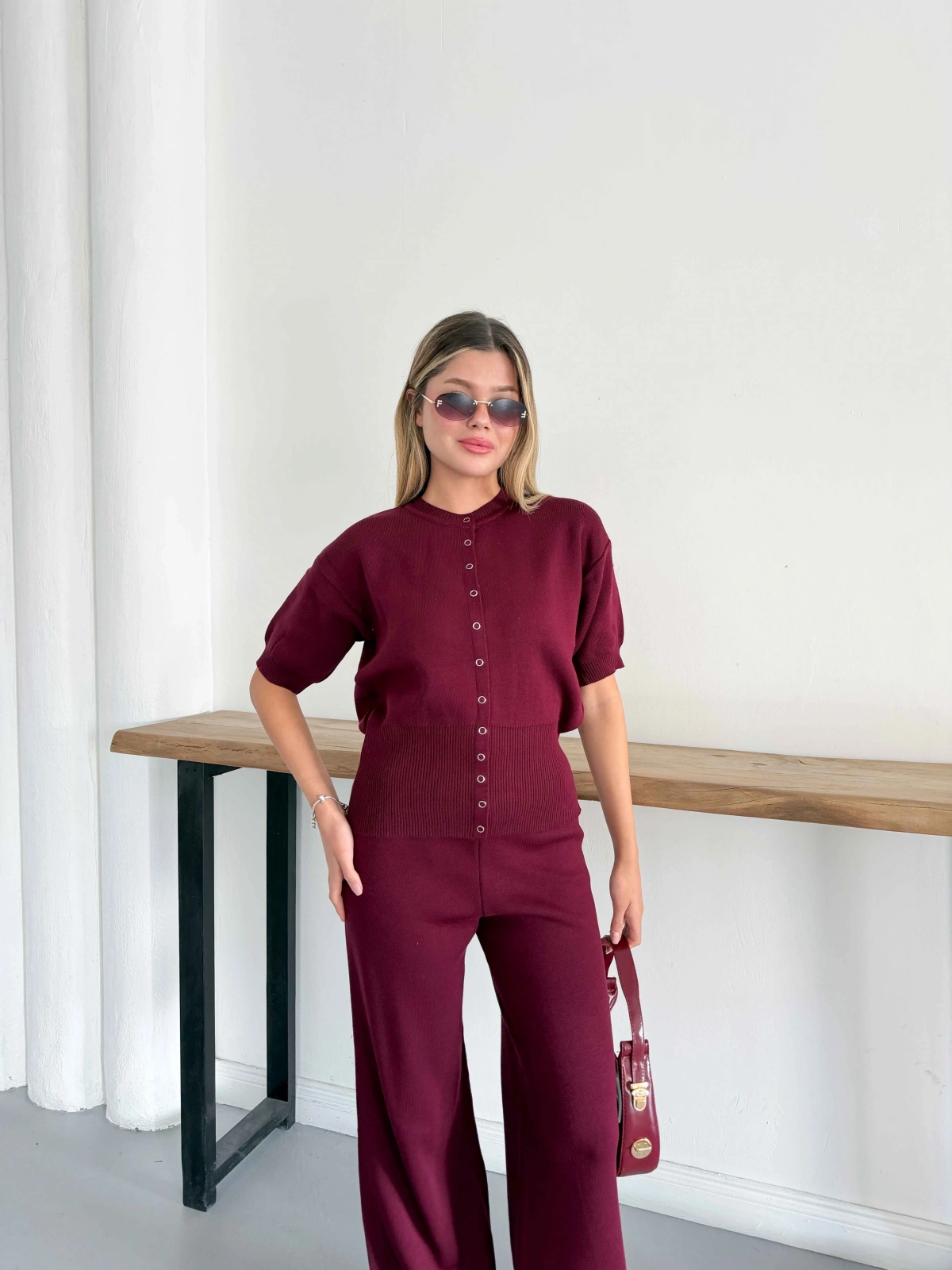 Çıtçıt Düğme Detaylı Triko Takım Bordo