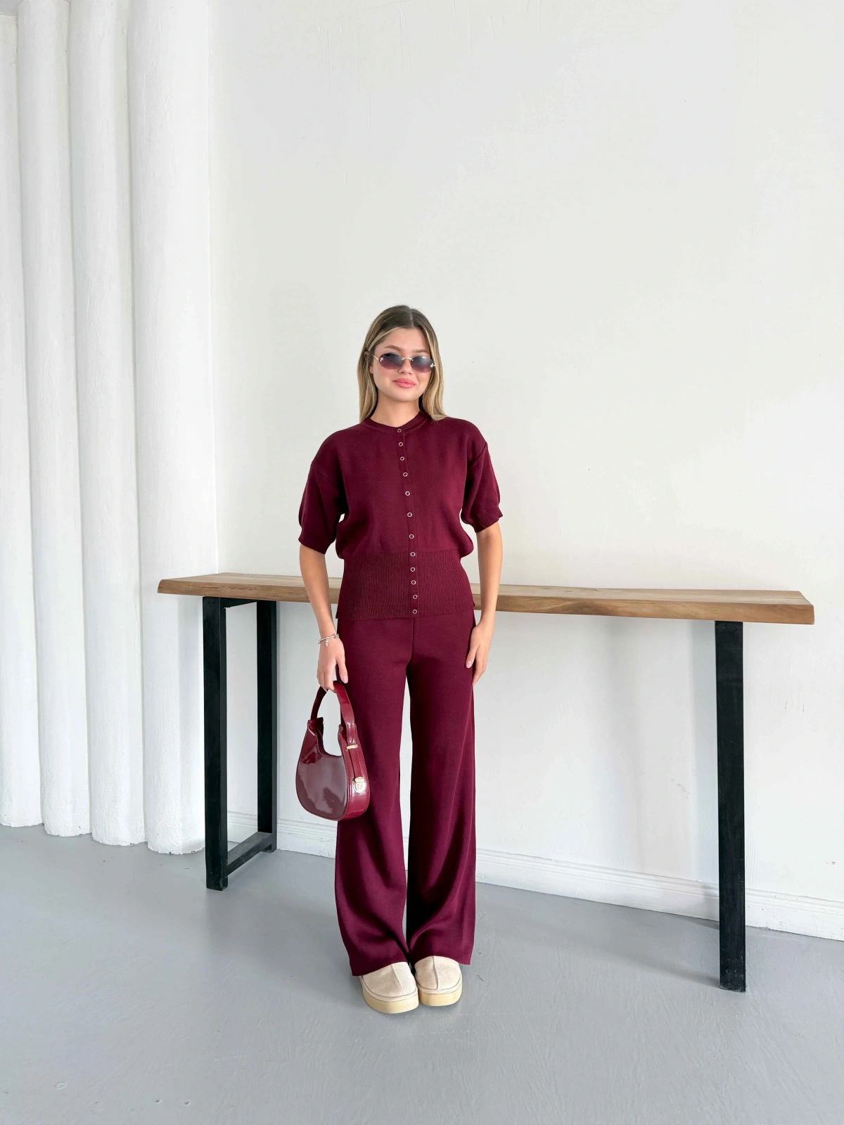 Çıtçıt Düğme Detaylı Triko Takım Bordo