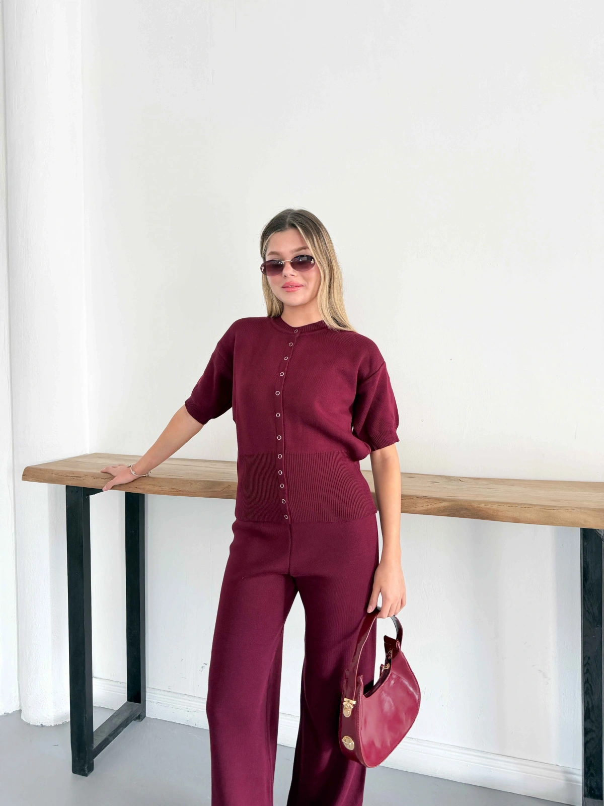 Çıtçıt Düğme Detaylı Triko Takım Bordo