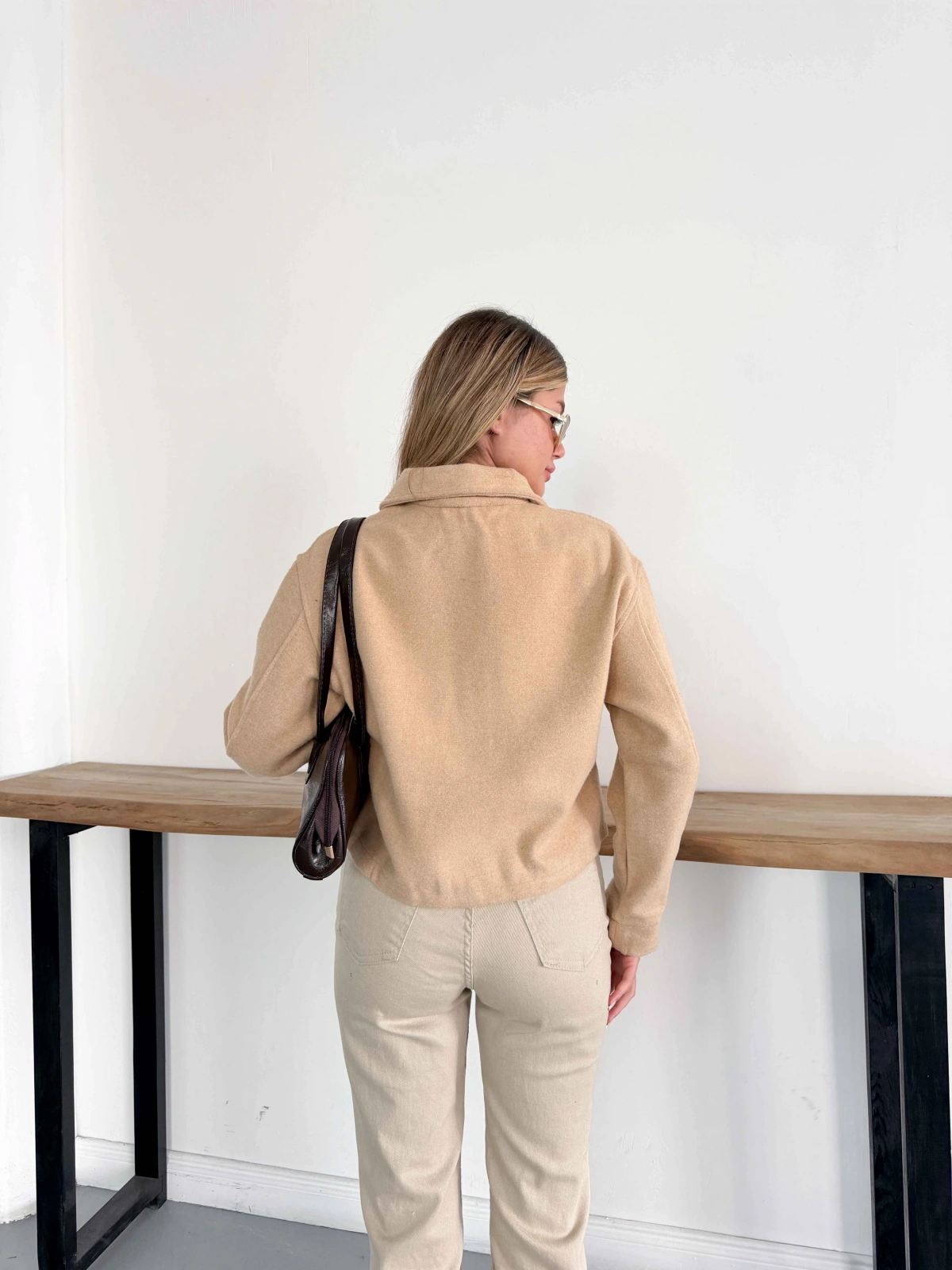 Crop Cepli Fermuarlı Ceket Camel