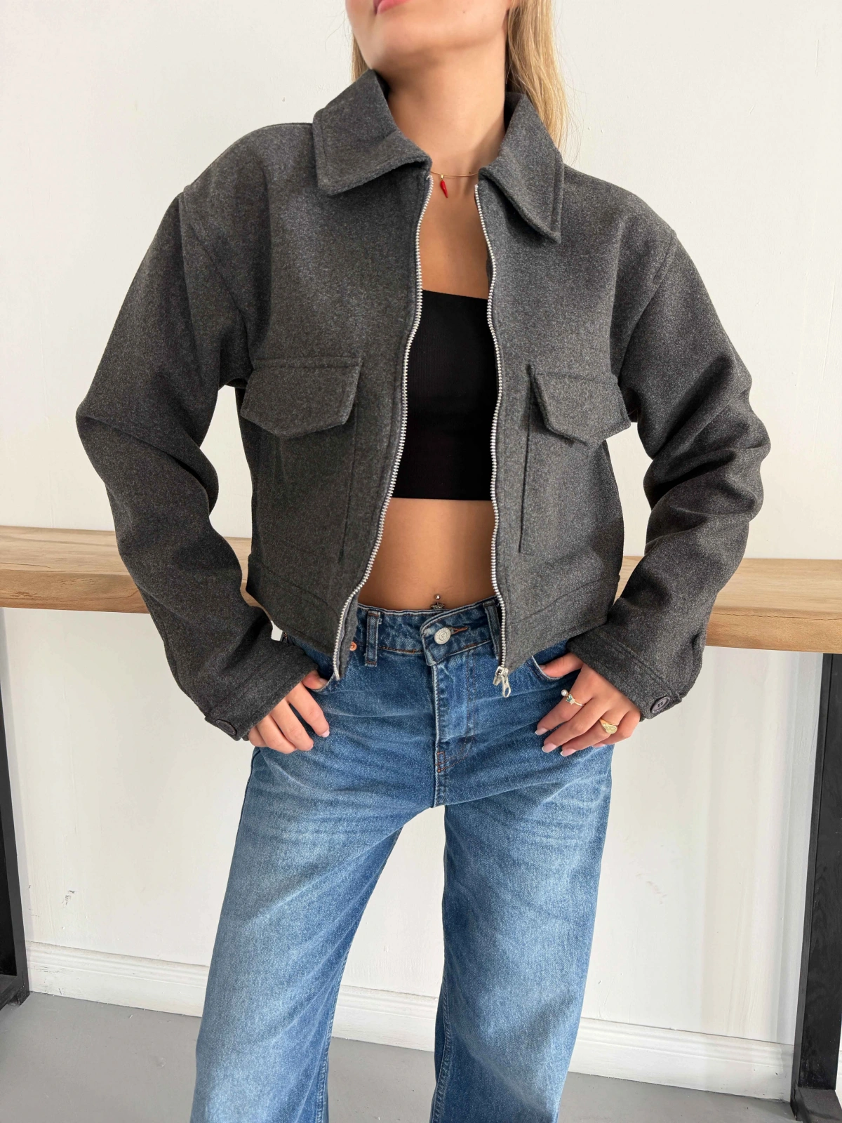 Crop Kaşe Ceket Antrasit