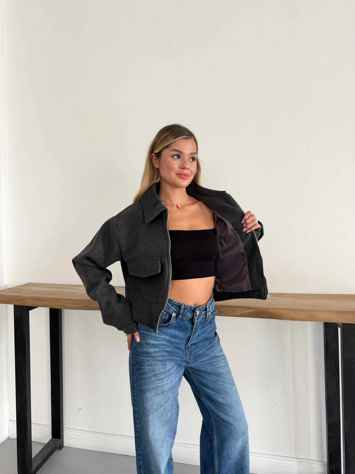 Crop Kaşe Ceket Antrasit