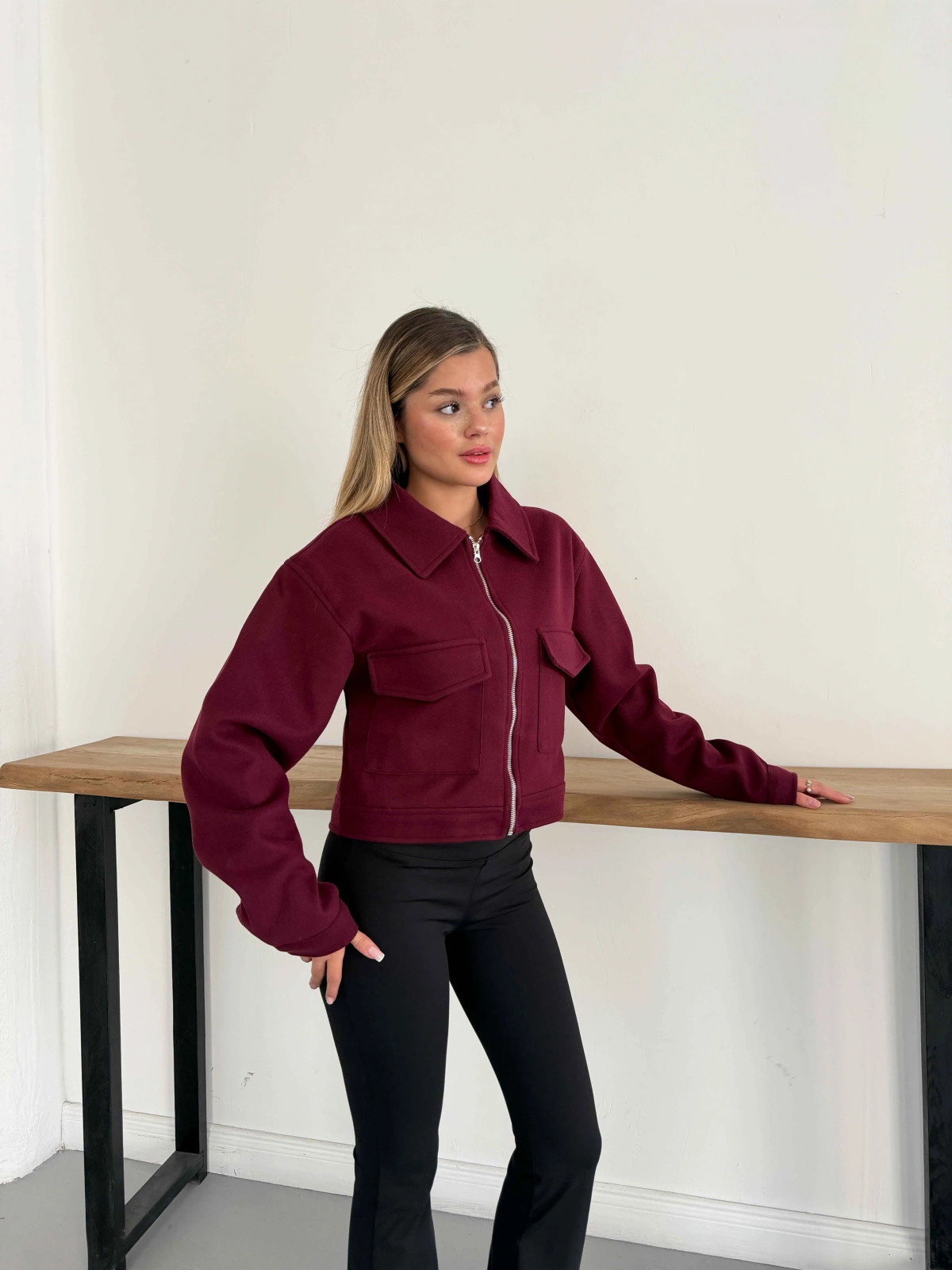 Crop Kaşe Ceket Bordo