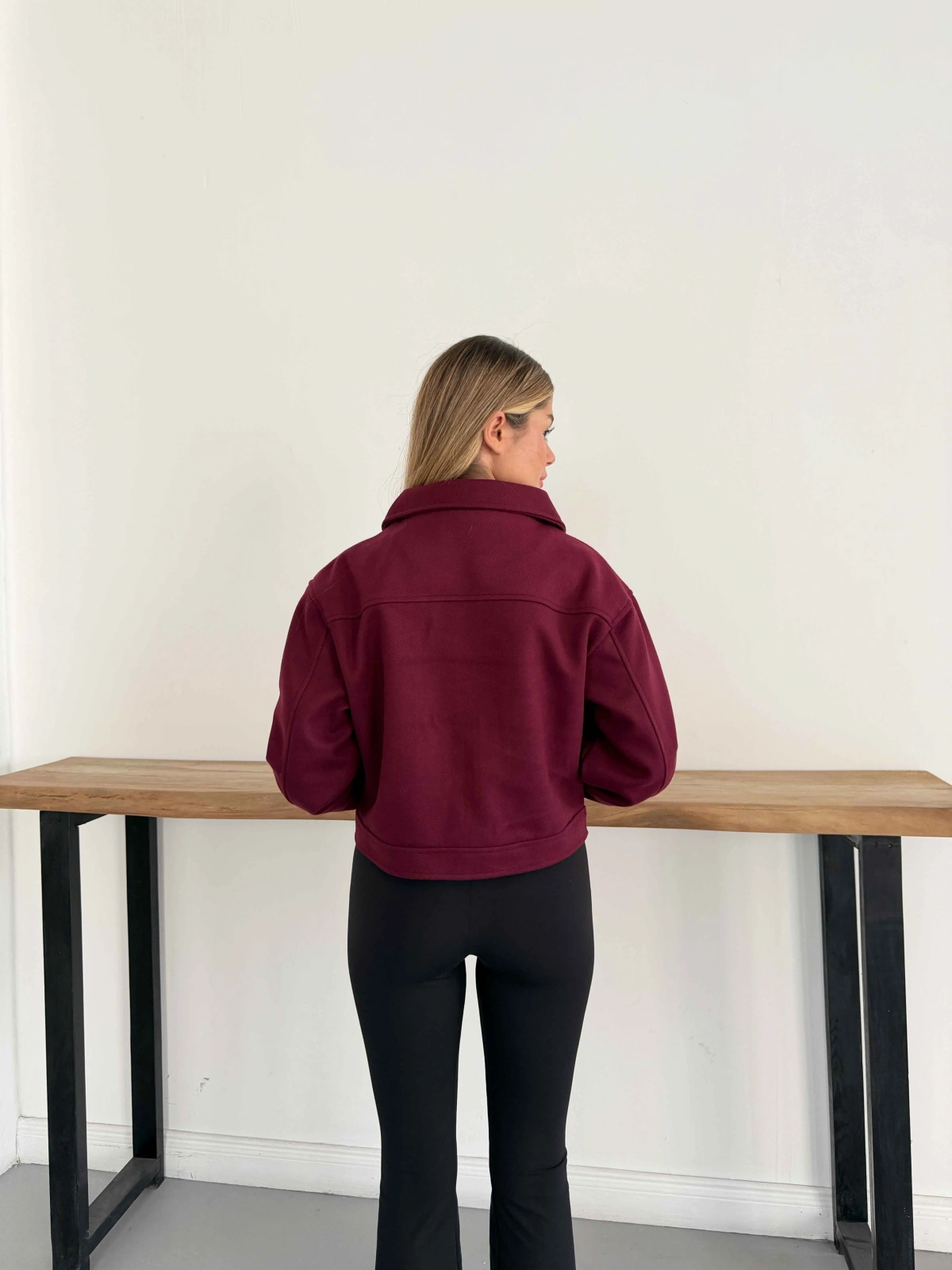 Crop Kaşe Ceket Bordo