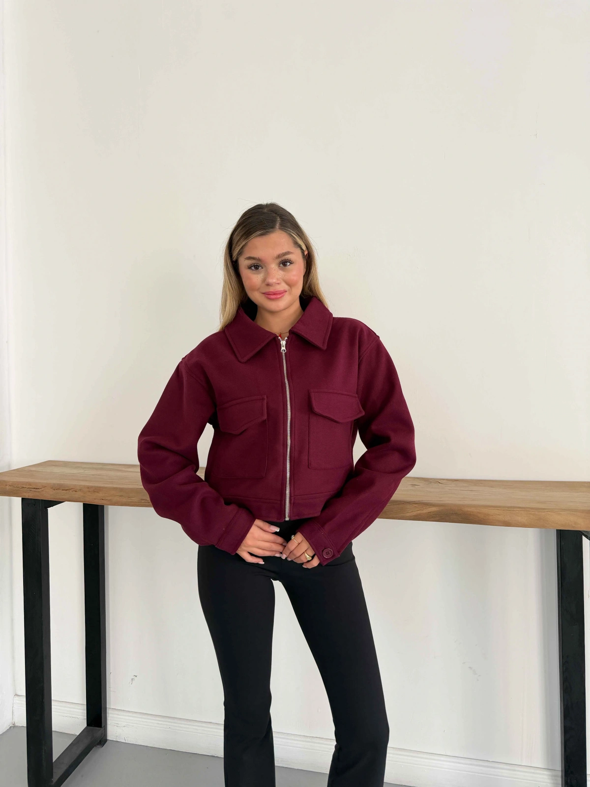 Crop Kaşe Ceket Bordo