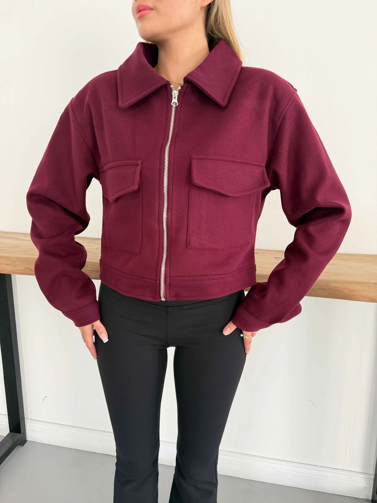 Crop Kaşe Ceket Bordo