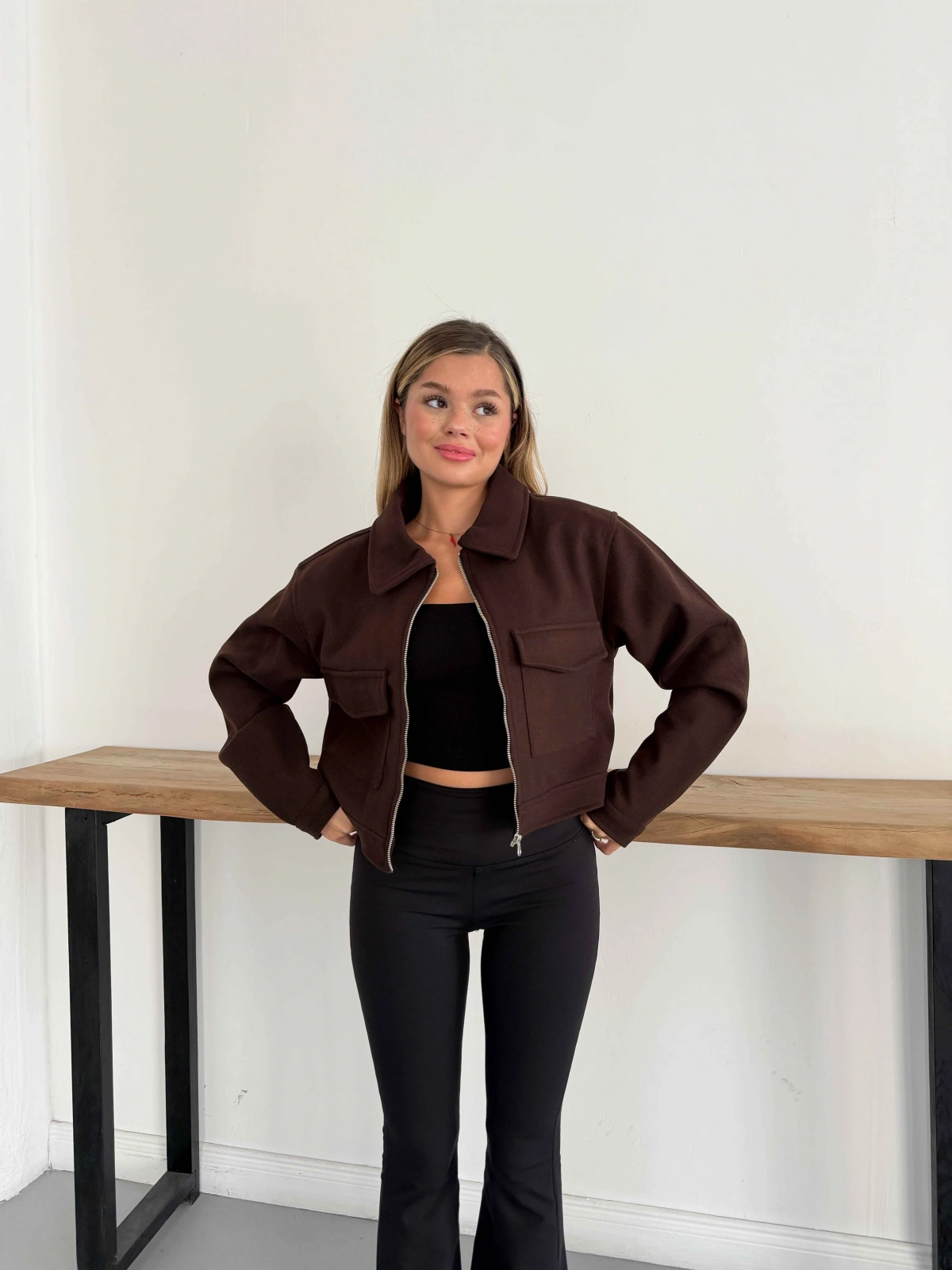 Crop Kaşe Ceket Kahve