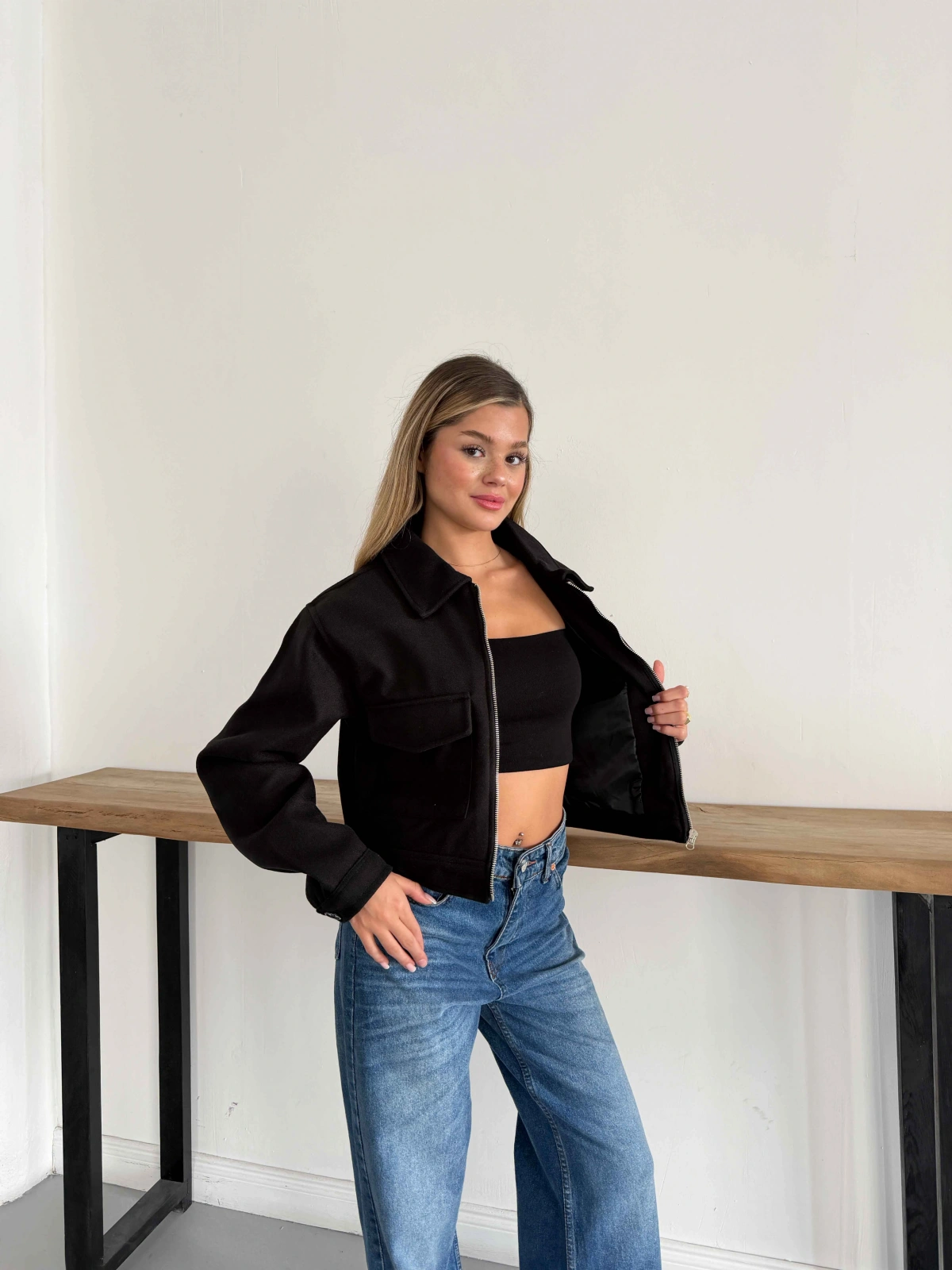 Crop Kaşe Ceket Siyah