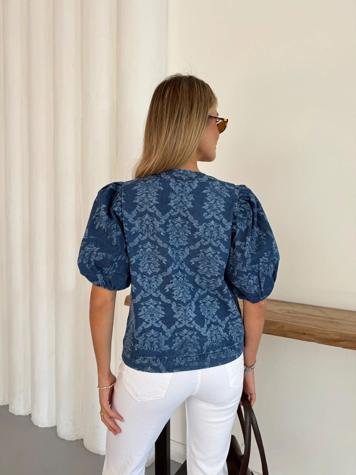 Desenlı Balon Kol Denim Bluz Mavi