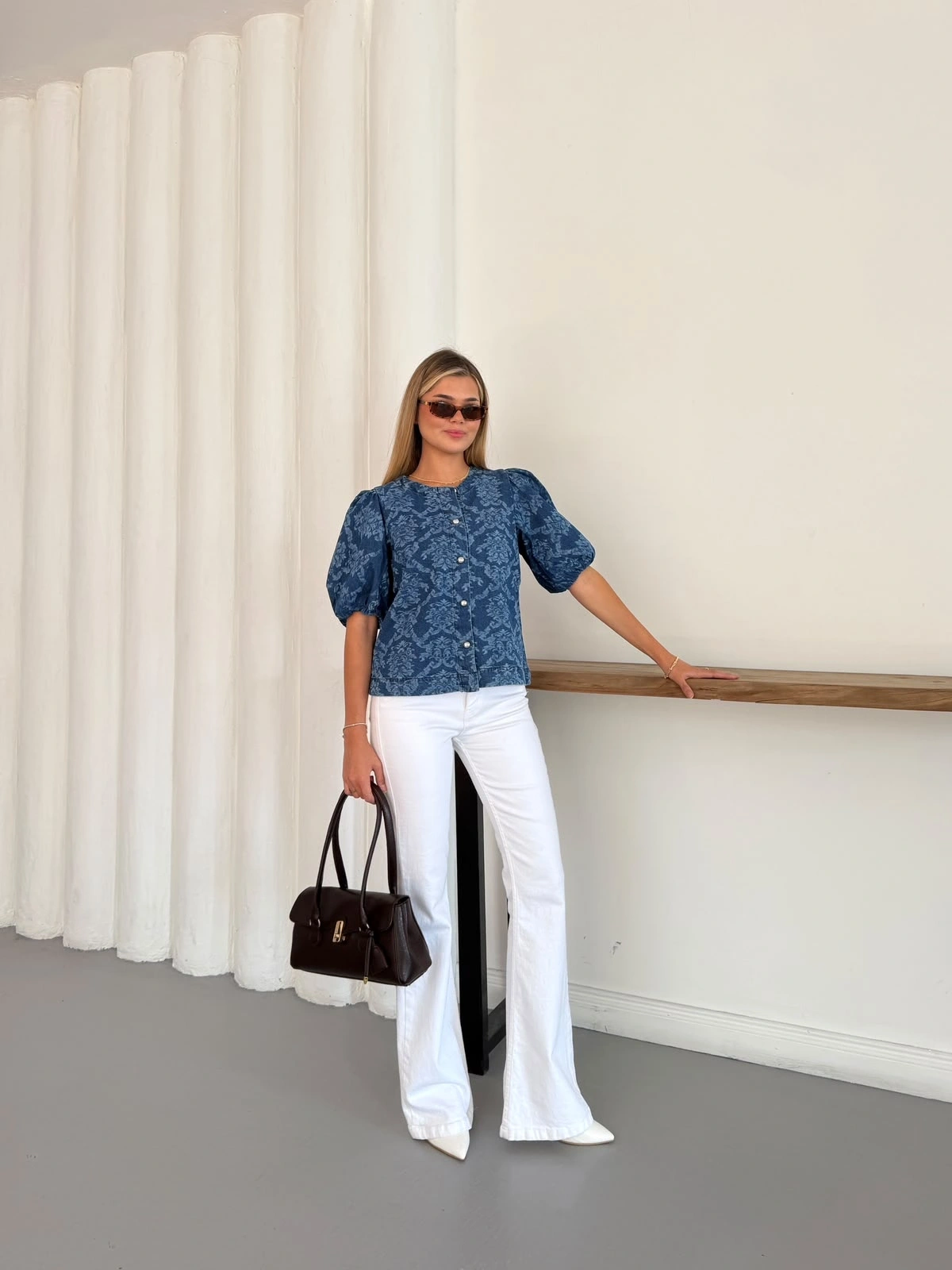 Desenlı Balon Kol Denim Bluz Mavi