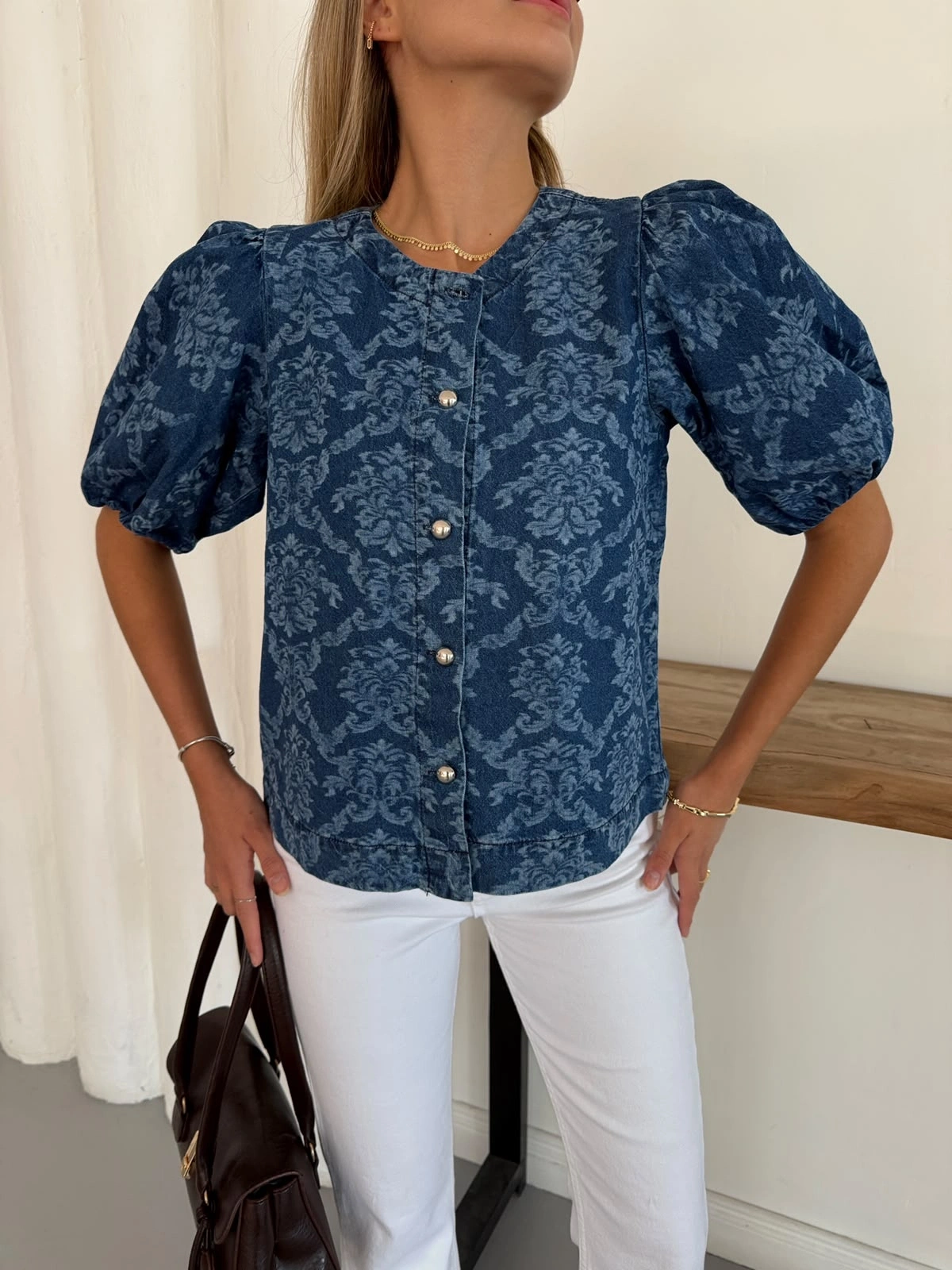 Desenlı Balon Kol Denim Bluz Mavi