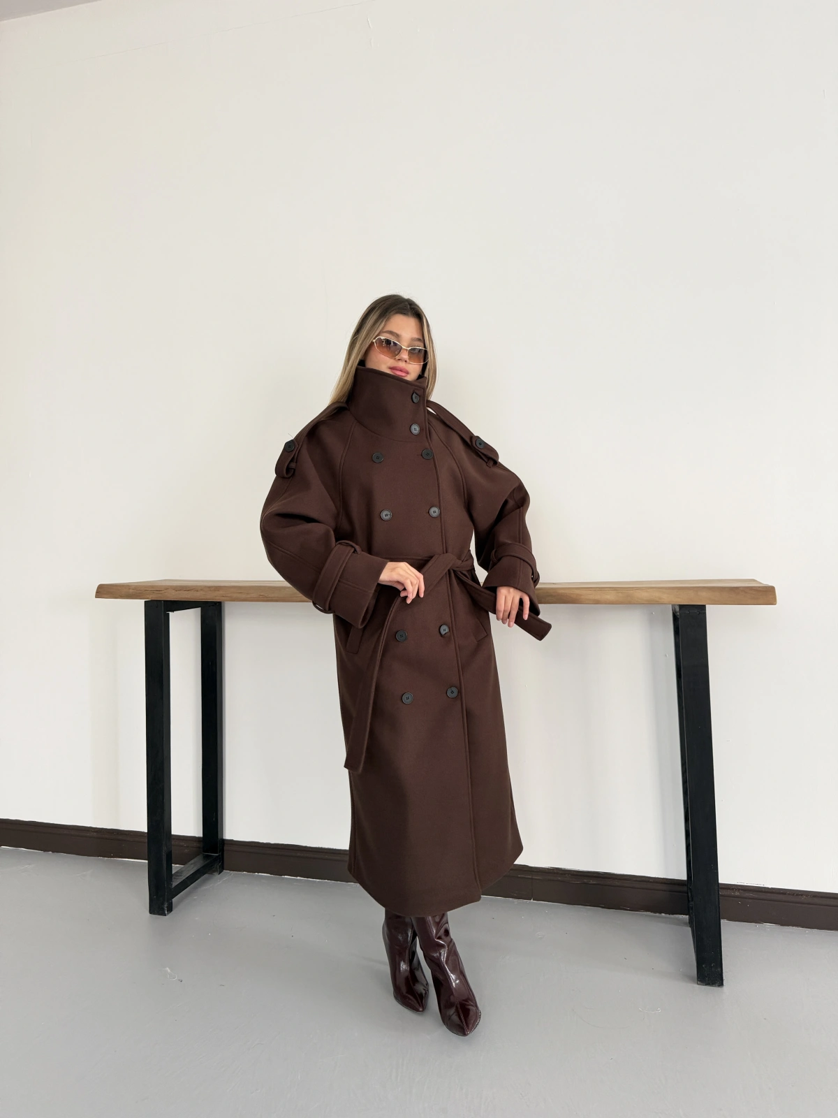 Dik Yaka Long Kaşe Kaban Kahve