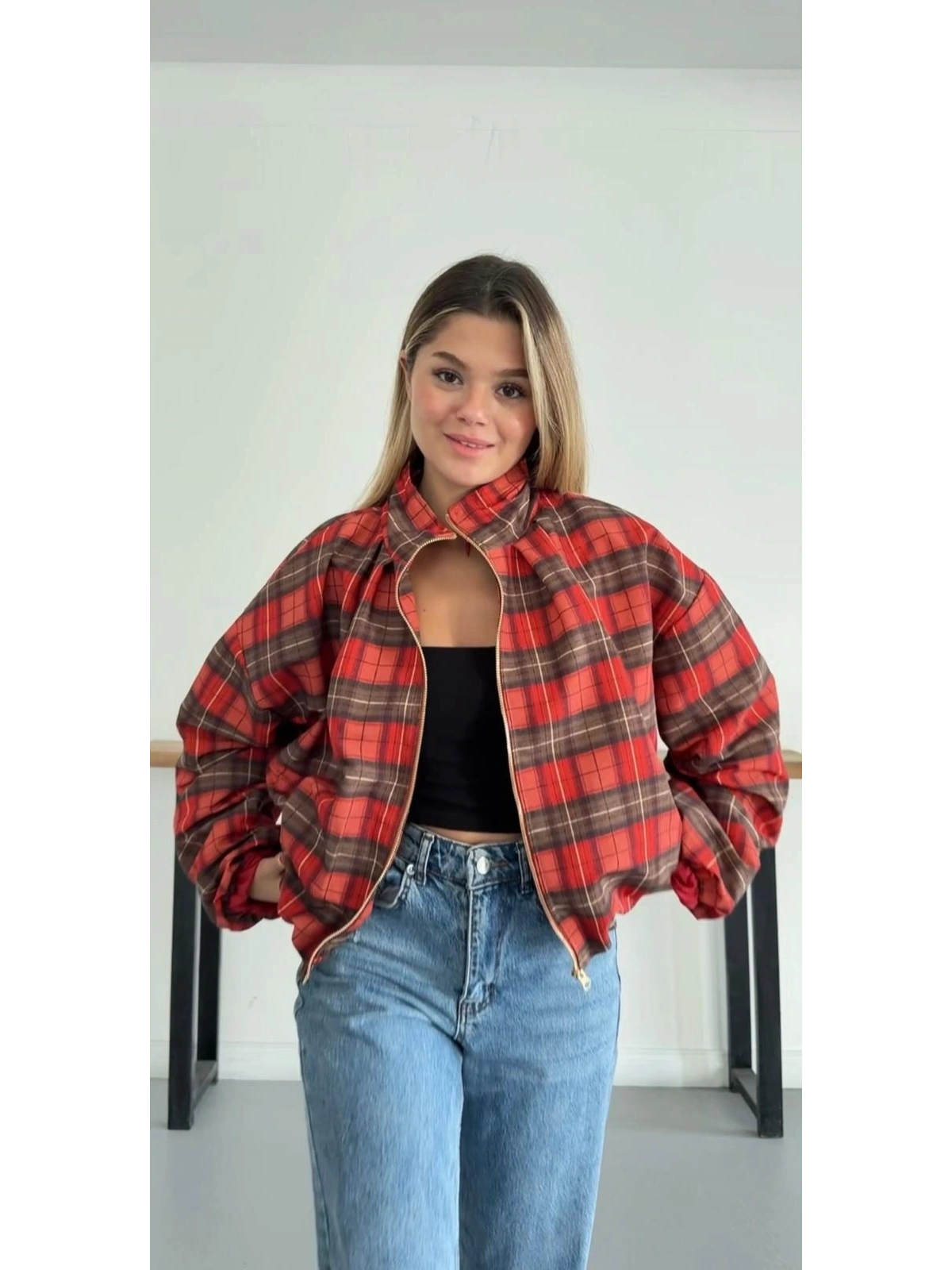 Ekose Bel Lastikli Bomber Ceket Kırmızı