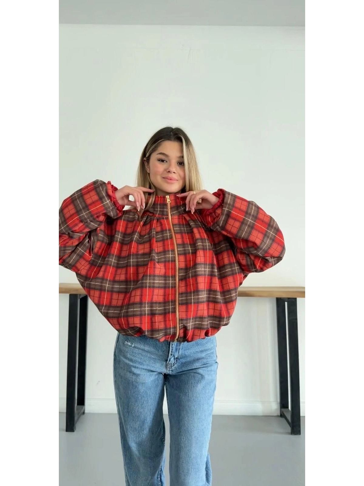 Ekose Bel Lastikli Bomber Ceket Kırmızı