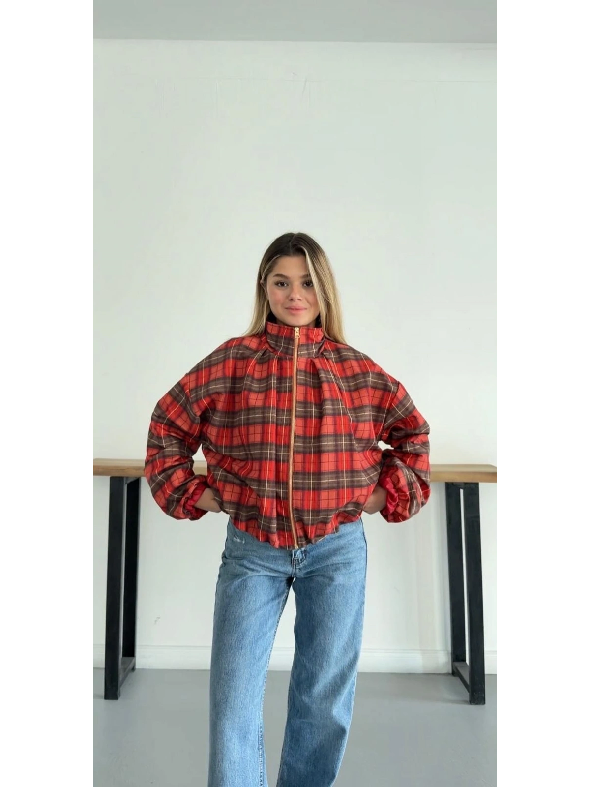 Ekose Bel Lastikli Bomber Ceket Kırmızı