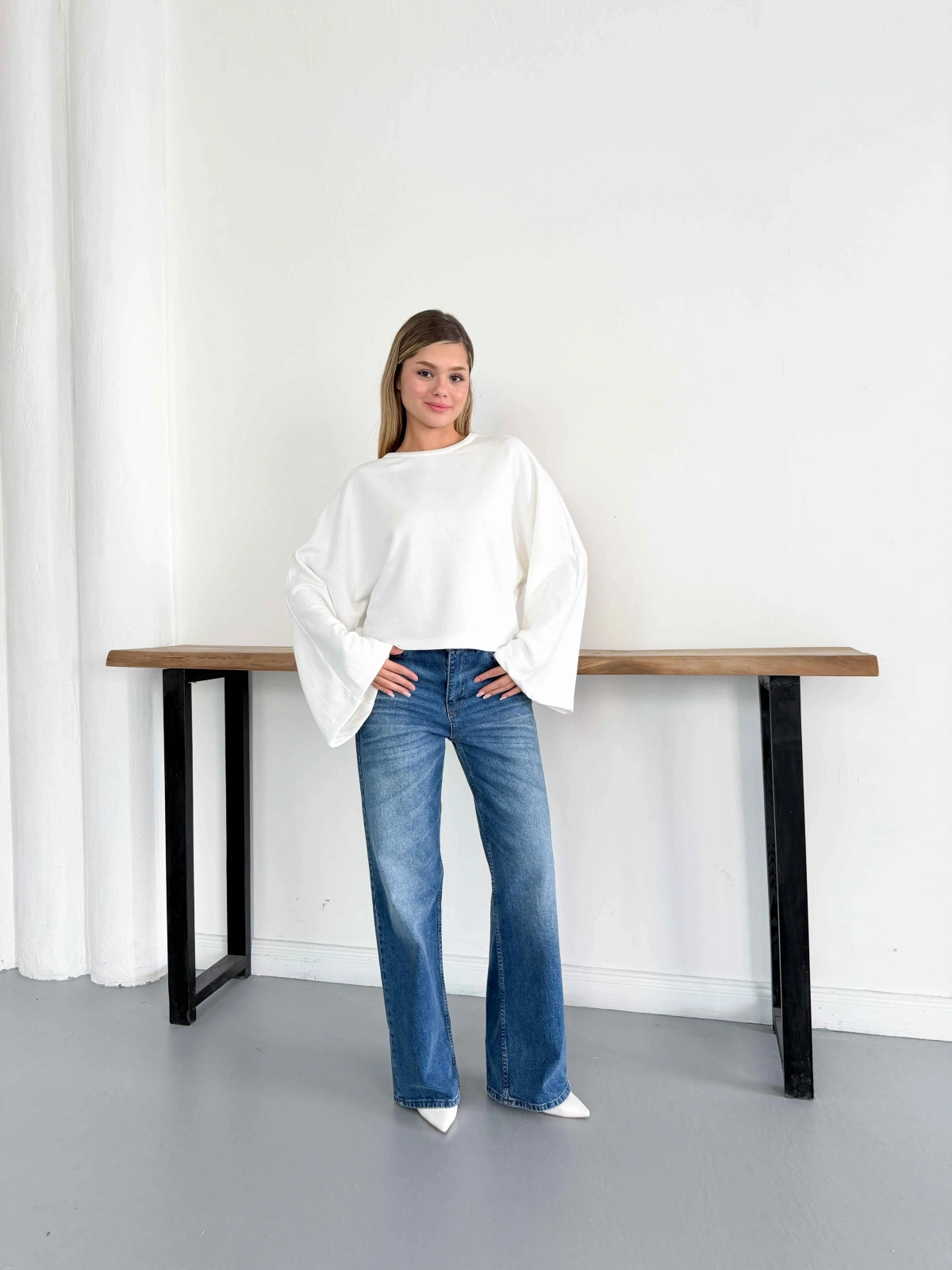 İspanyol Kol Basic Sweatshirt Beyaz