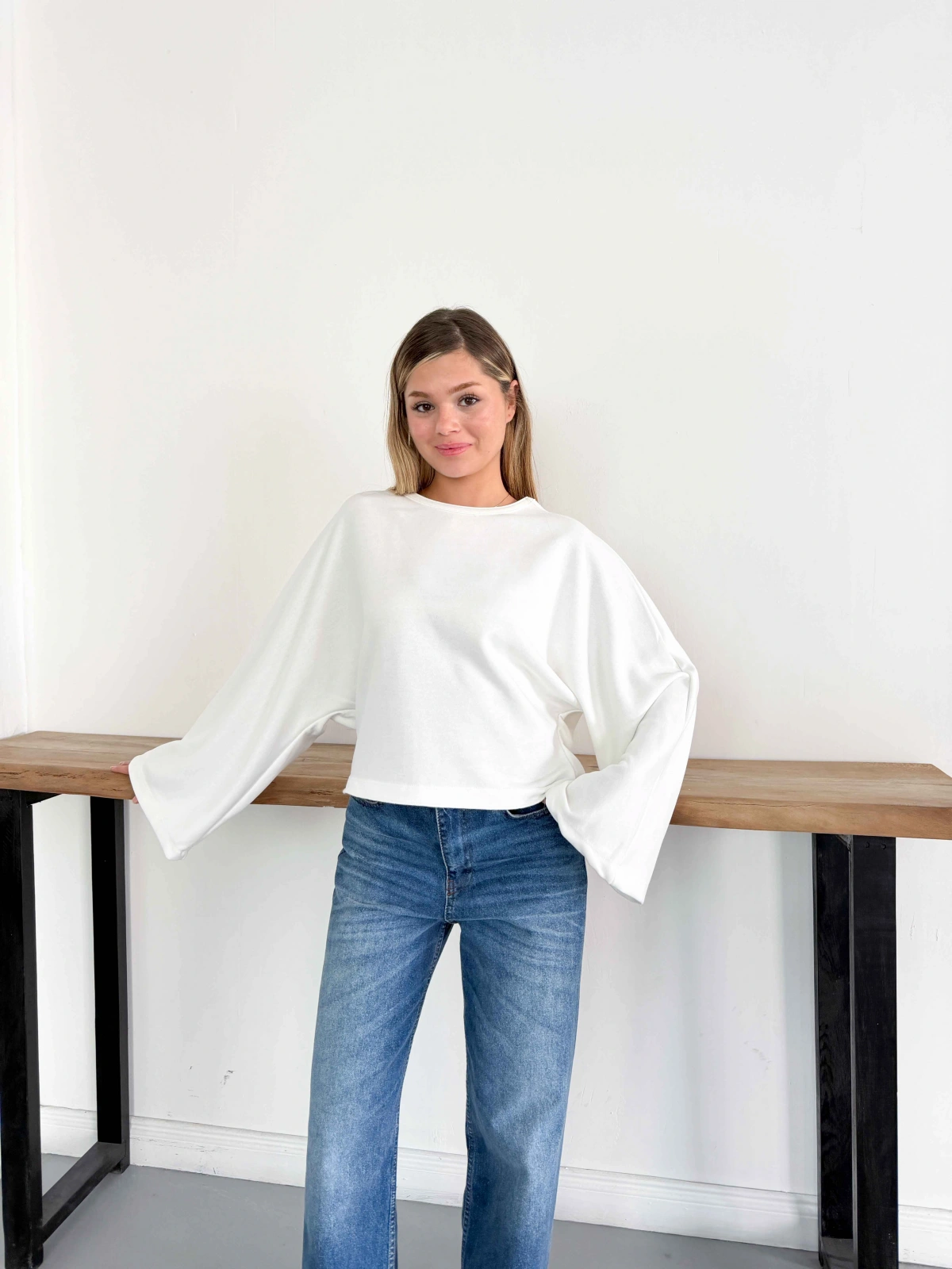İspanyol Kol Basic Sweatshirt Beyaz