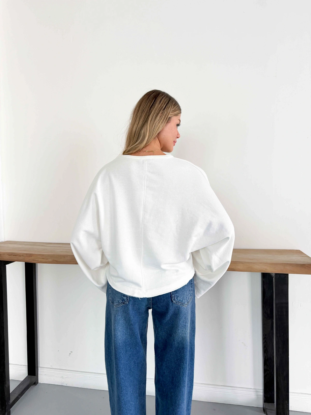 İspanyol Kol Basic Sweatshirt Beyaz