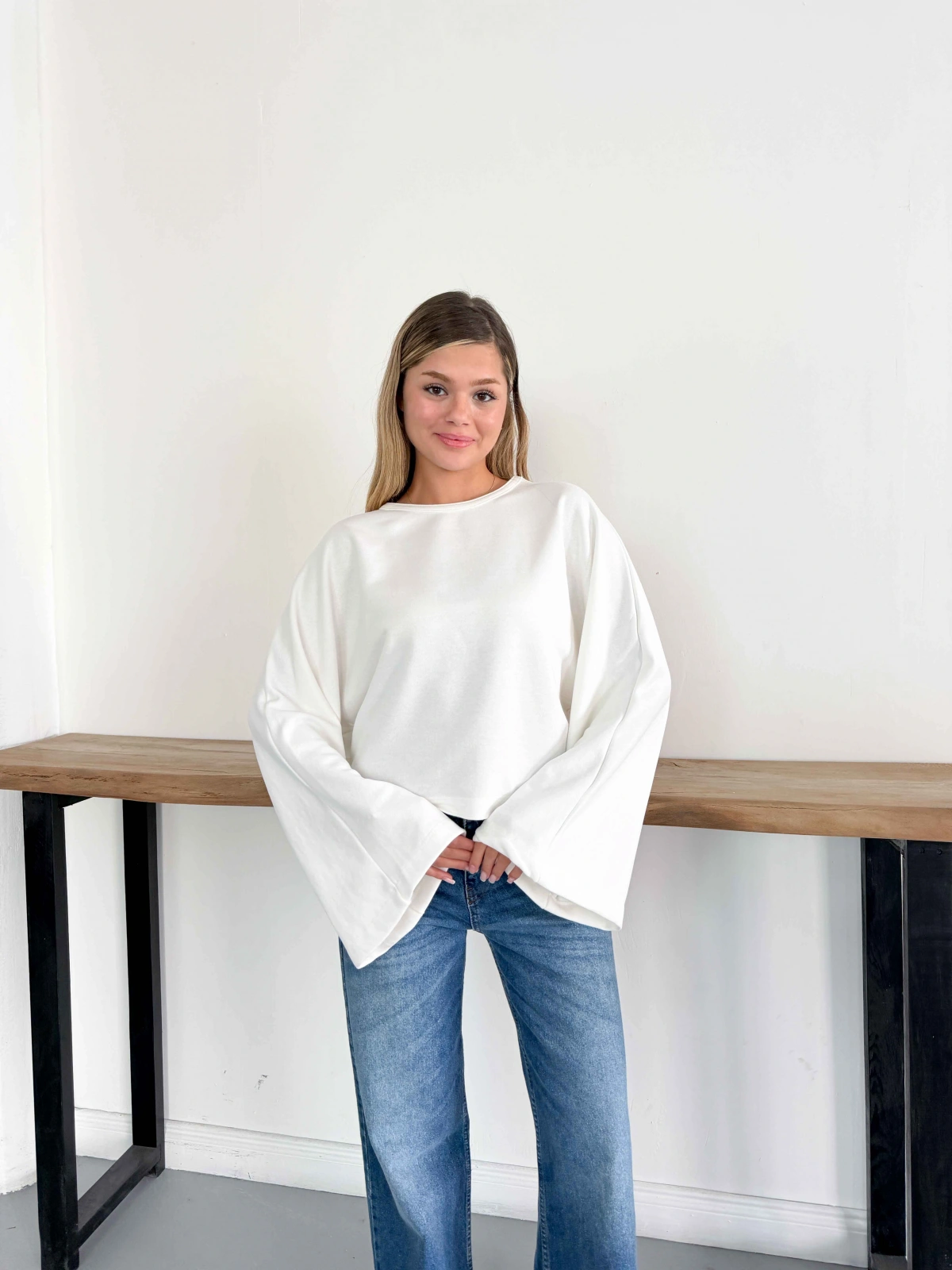 İspanyol Kol Basic Sweatshirt Beyaz