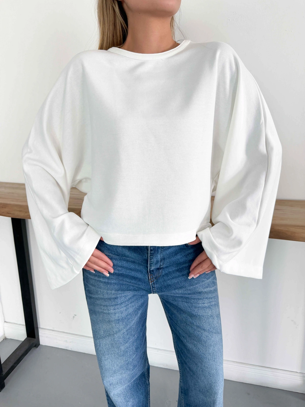 İspanyol Kol Basic Sweatshirt Beyaz