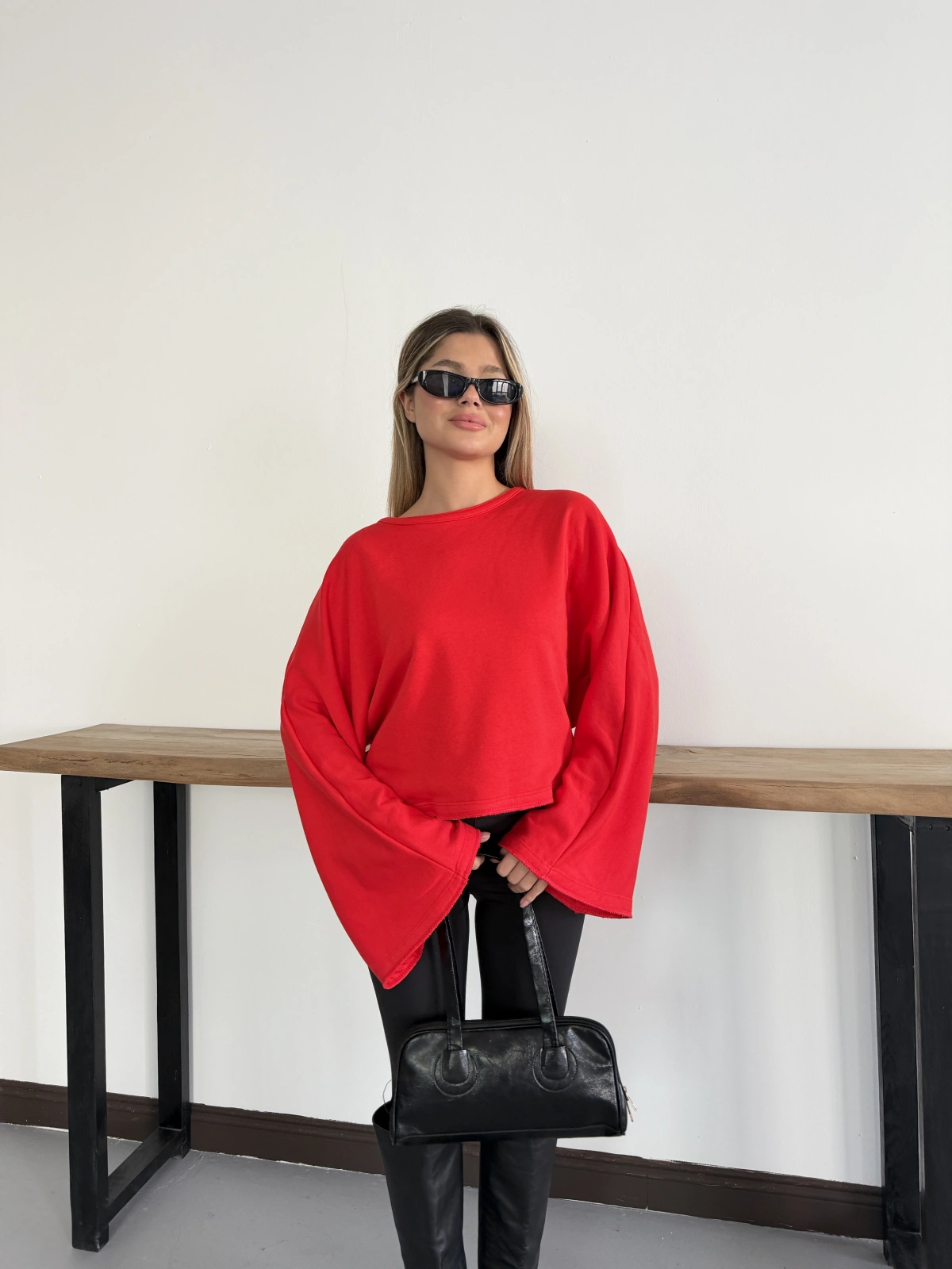 İspanyol Kol Basic Sweatshirt Kırmızı
