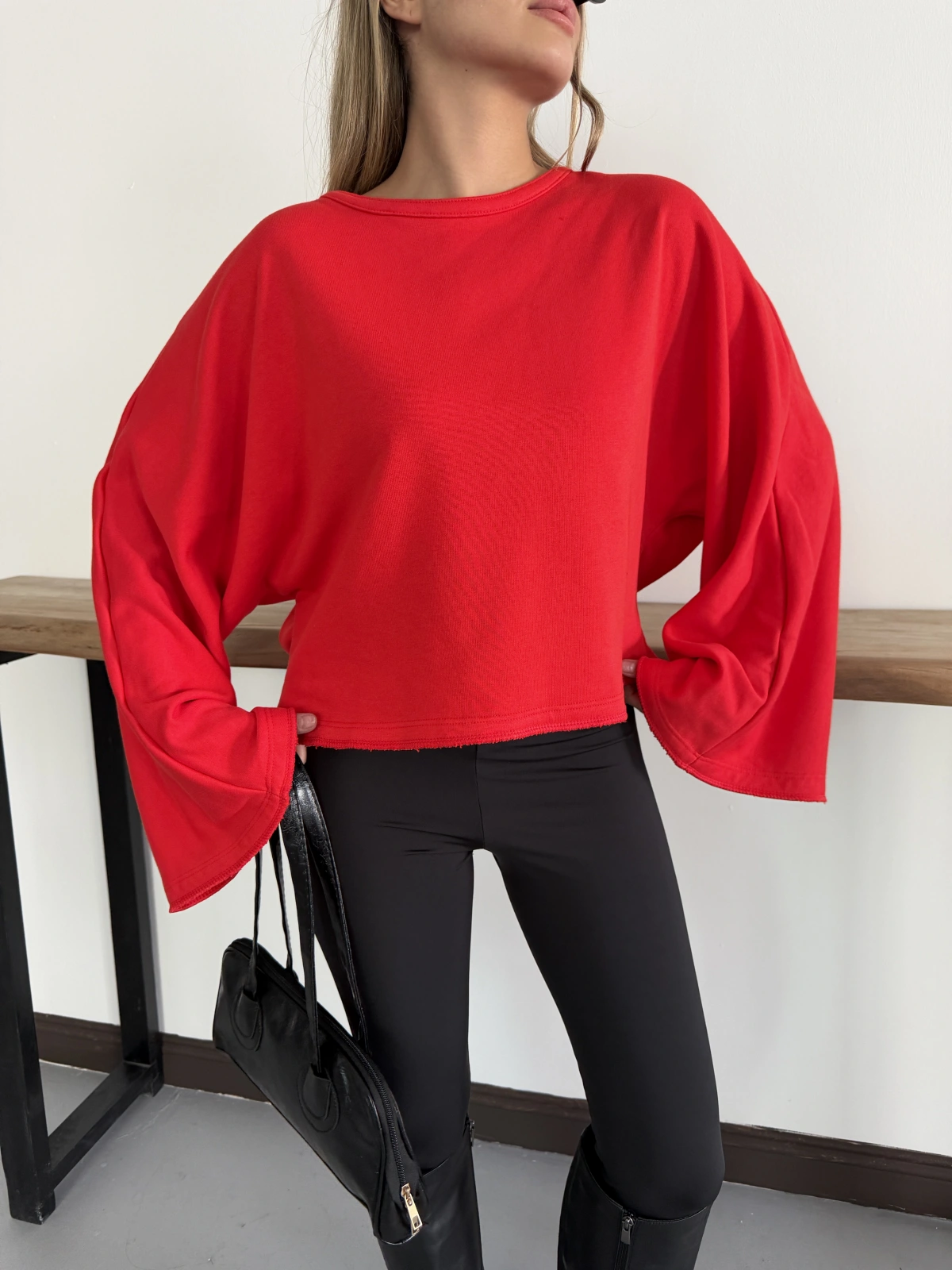 İspanyol Kol Basic Sweatshirt Kırmızı