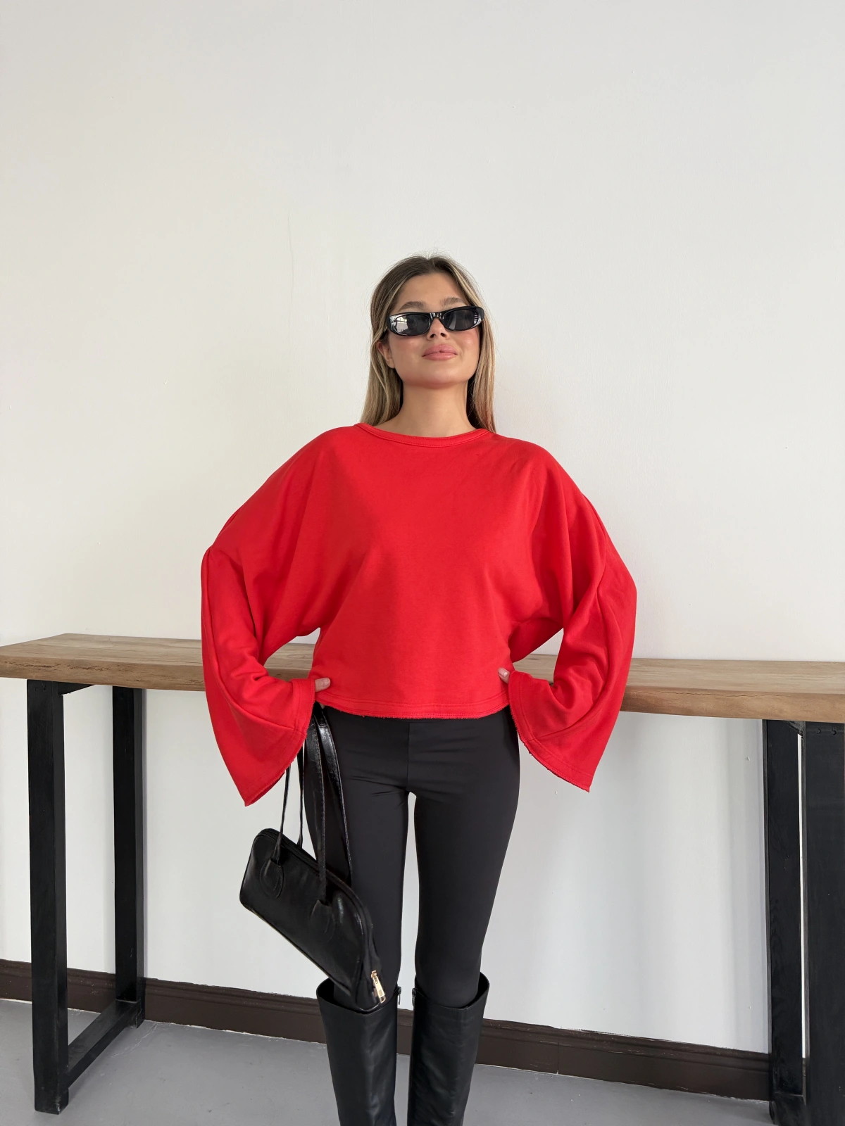 İspanyol Kol Basic Sweatshirt Kırmızı