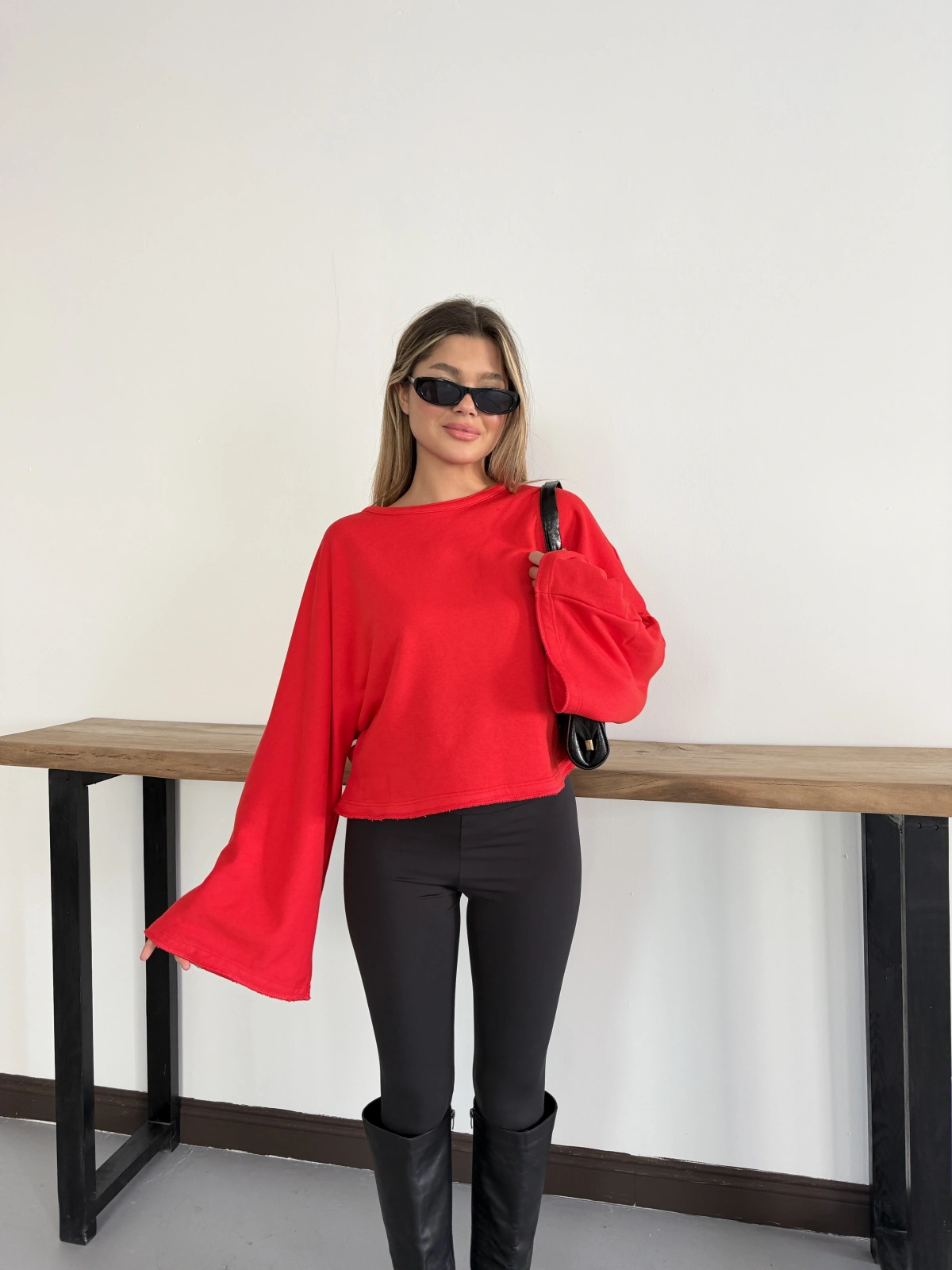 İspanyol Kol Basic Sweatshirt Kırmızı
