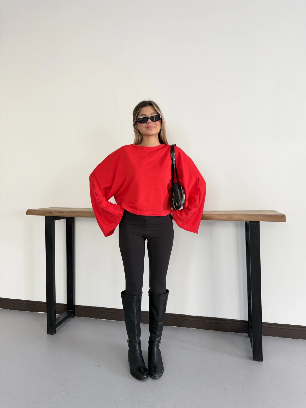İspanyol Kol Basic Sweatshirt Kırmızı