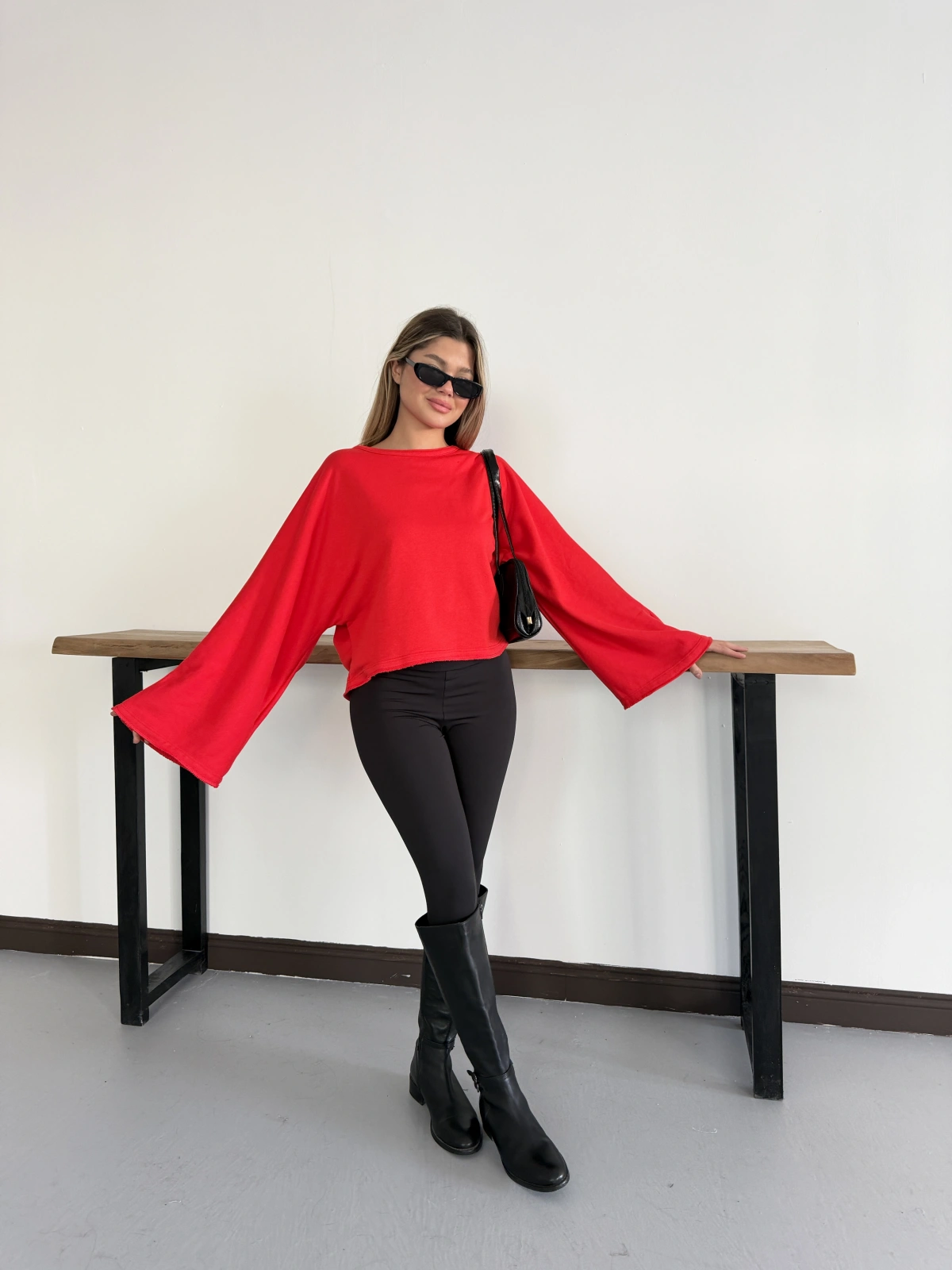İspanyol Kol Basic Sweatshirt Kırmızı
