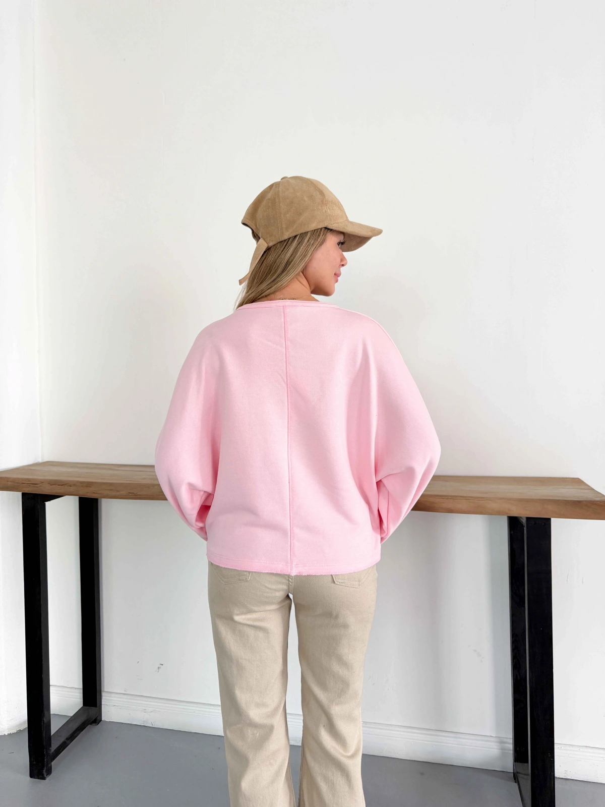 İspanyol Kol Basic Sweatshirt Pembe