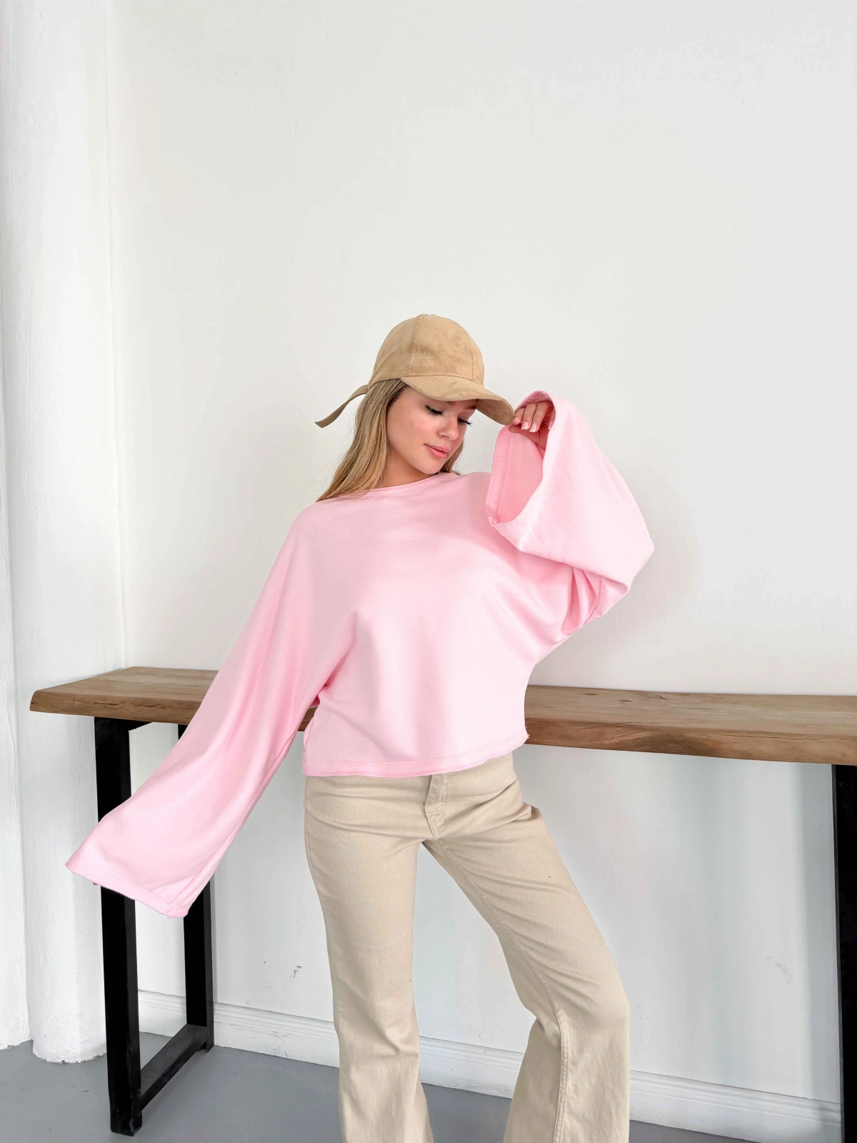 İspanyol Kol Basic Sweatshirt Pembe