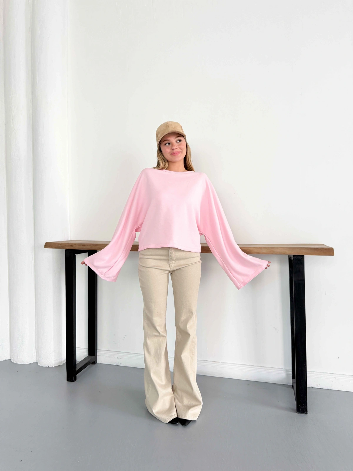İspanyol Kol Basic Sweatshirt Pembe