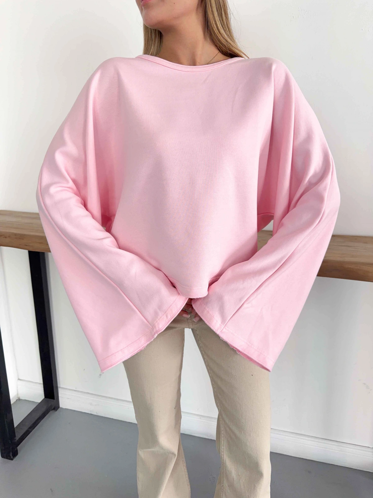 İspanyol Kol Basic Sweatshirt Pembe