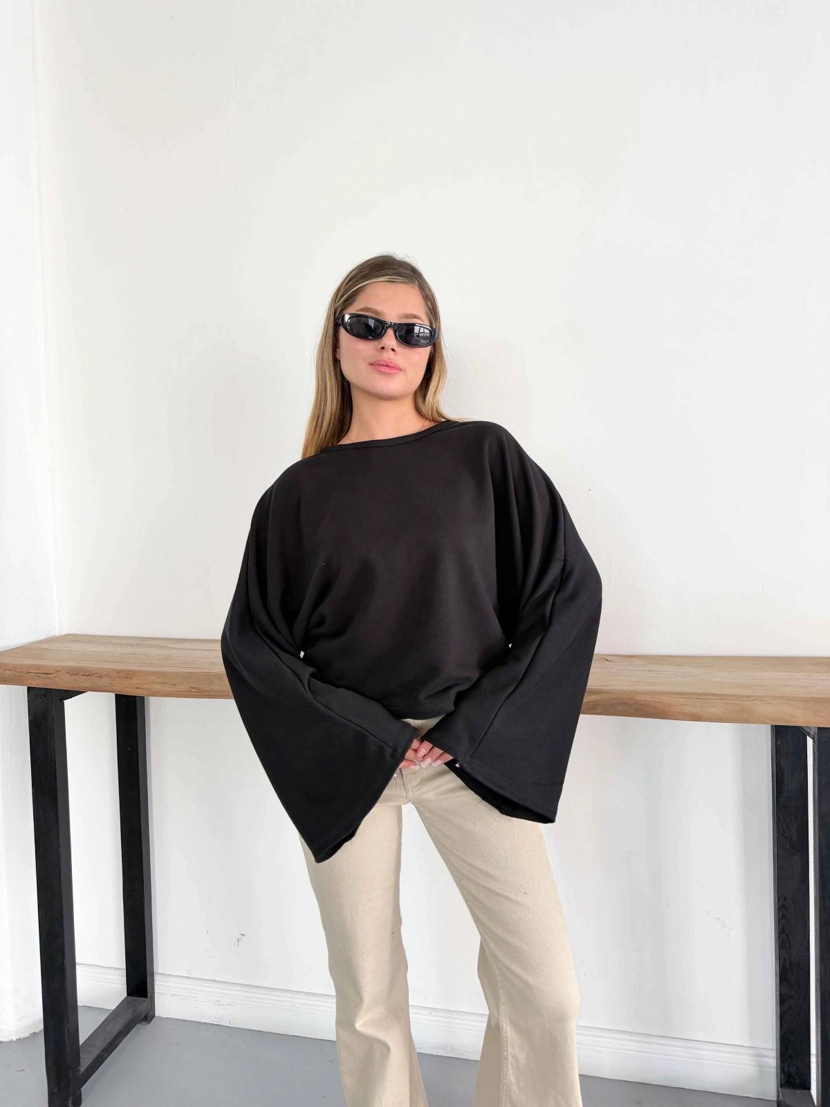 İspanyol Kol Basic Sweatshirt Siyah