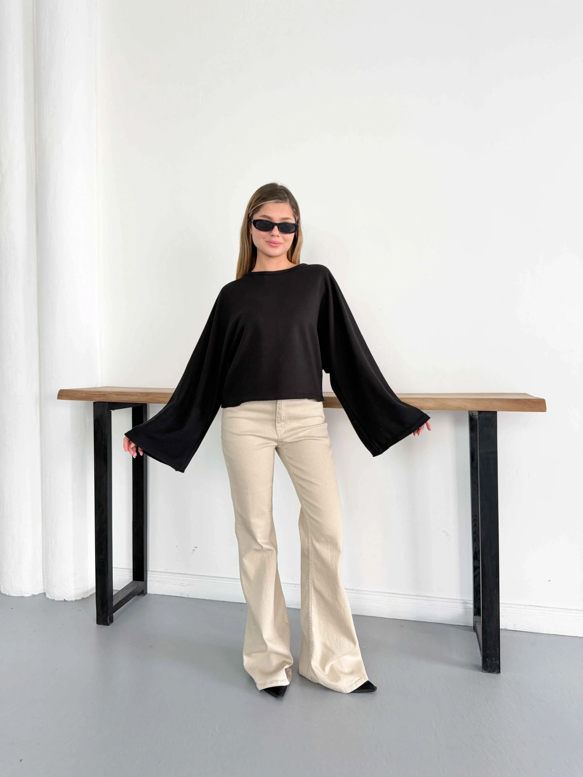 İspanyol Kol Basic Sweatshirt Siyah