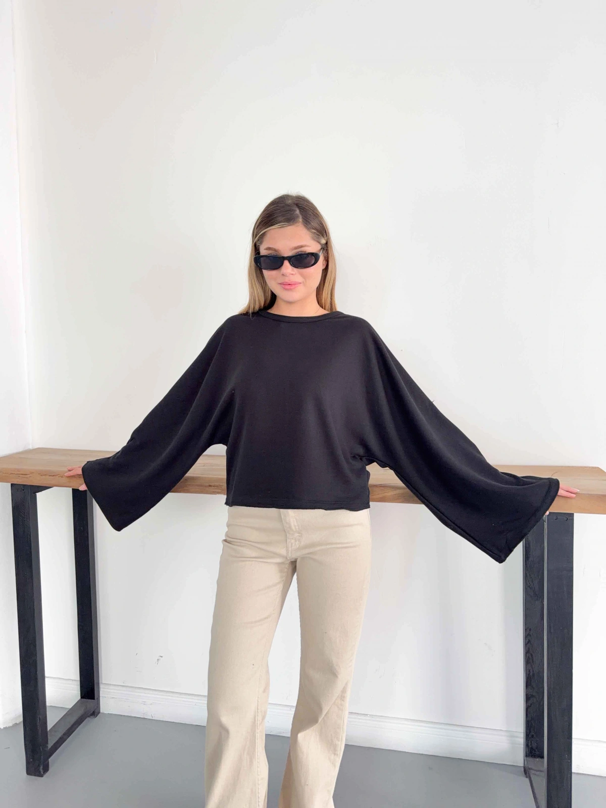 İspanyol Kol Basic Sweatshirt Siyah