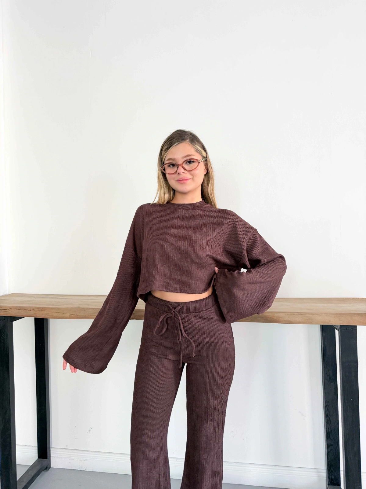 İspanyol Kol Crop- Bluz-Pantolon Takım Kahve